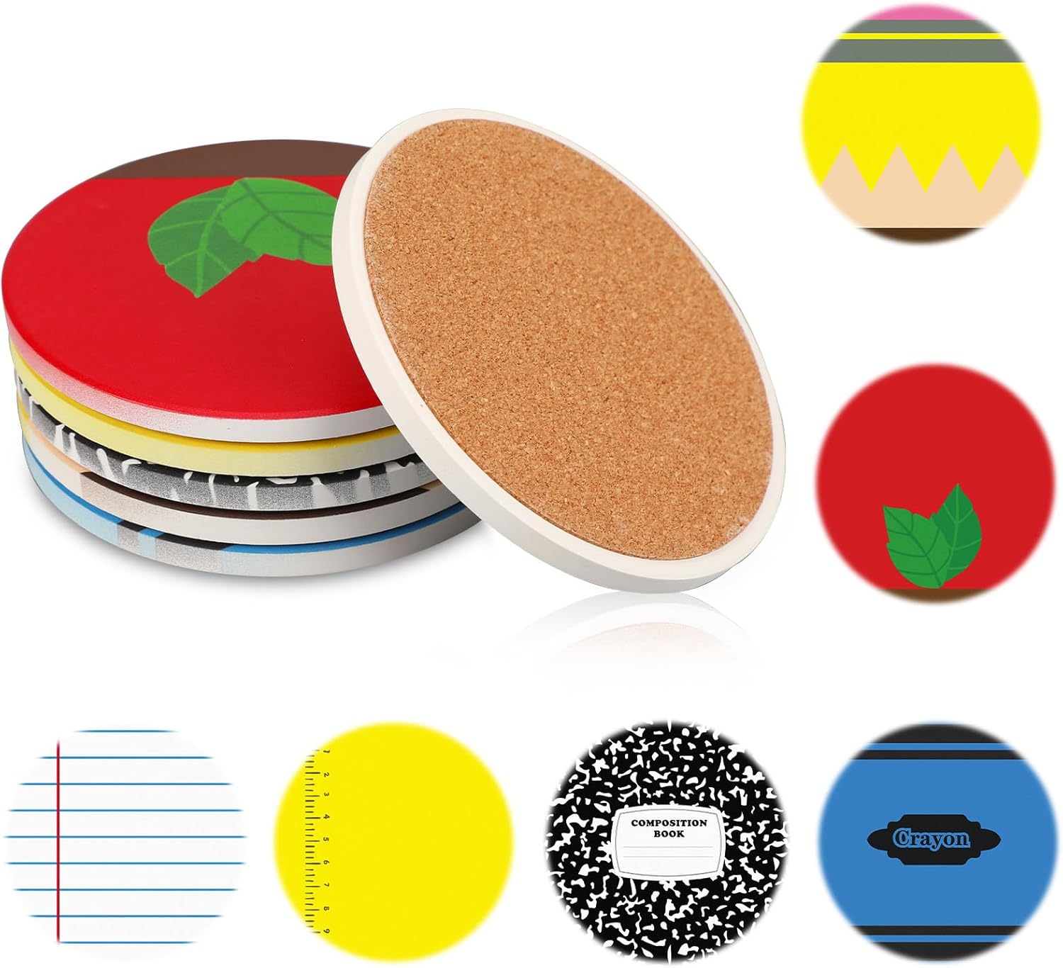 24 Pcs Teacher Appreciation Gifts Bulk Ceramic Teacher Coasters for Desk Absorbent Drink Coasters with Cork Base Graduation Thank You Teachers Gifts for Graduation Preschool Kindergarten(Round)