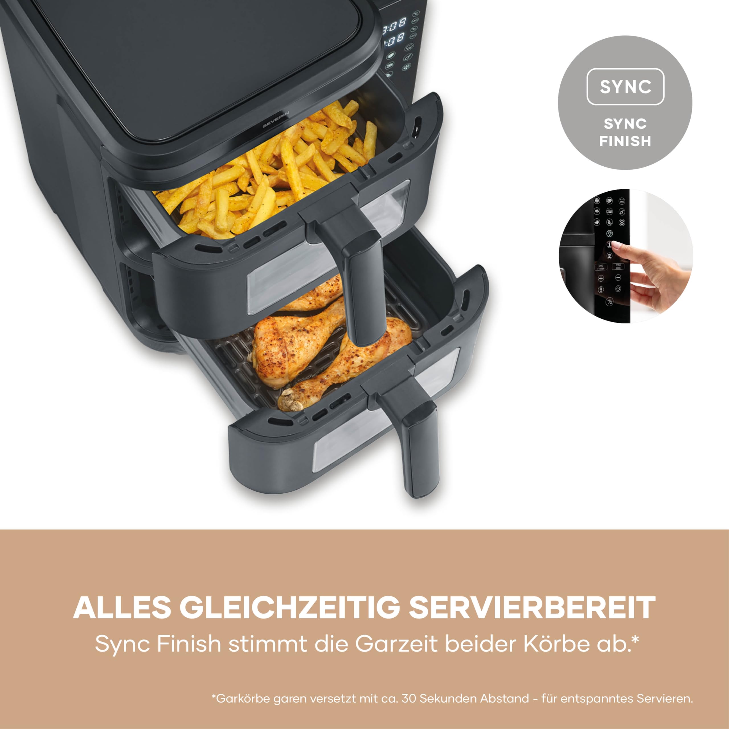Severin Duo Stack Heißluftfritteuse, 2 x 5,5 L Garraum, 2 Kammern, gesundes Kochen, 9 Automatik-Programme, Fritteuse ohne Fett, platzsparendes Design, doppelstöckig, S-Fry, 2800 W, schwarz, FR 9598