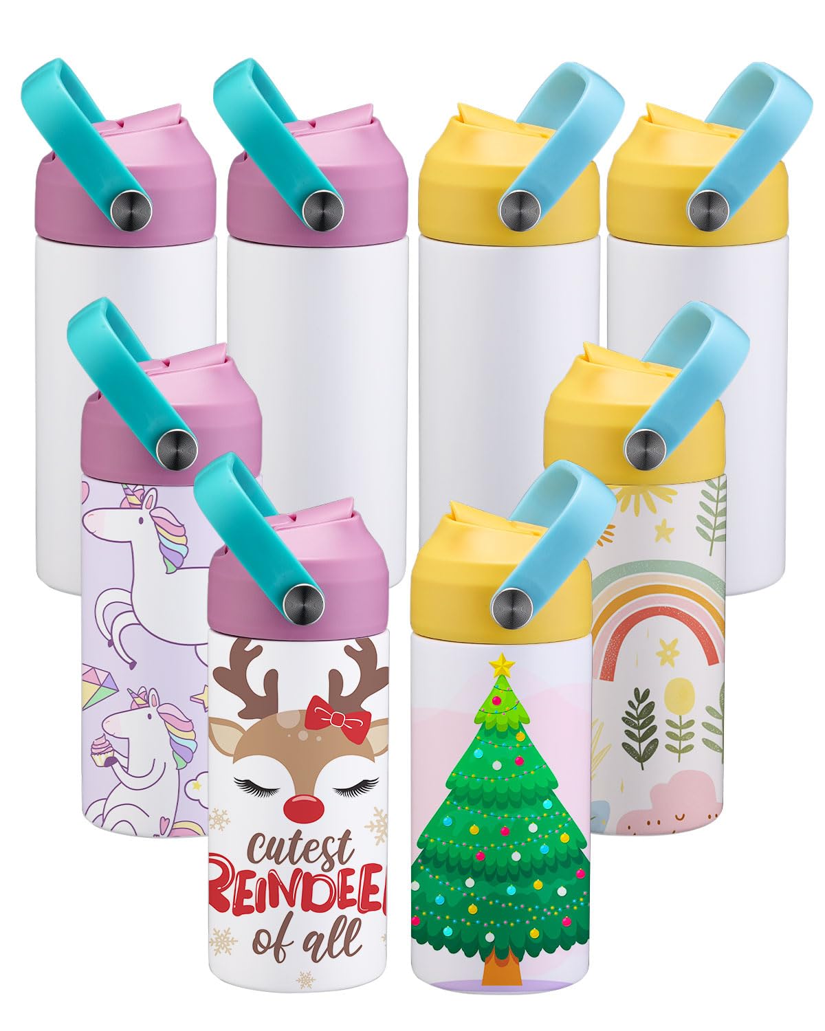 OFFNOVA 12oz Kids Sublimation Tumbler, 8 Pack Stainless Steel Sippy Cup Blank, Vacuum Insulated Water Bottle with Leak-Proof Straw Lid