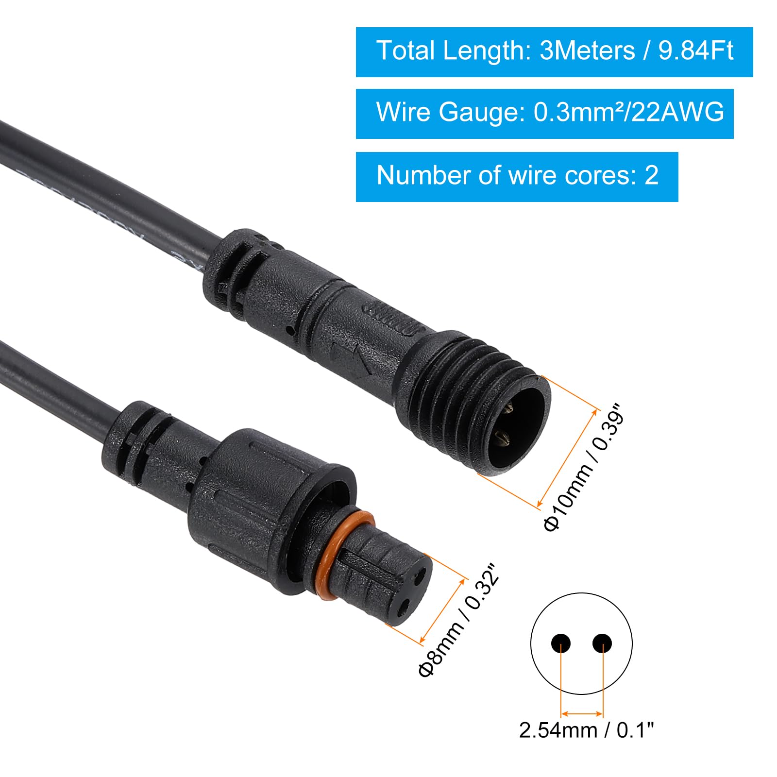PATIKIL 9.84Ft 2 Pin Extension Cable Wire, 22AWG Waterproof IP67 Connector with Male and Female at Both Ends for LED Strips, Black - Image 2