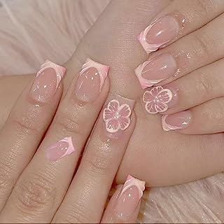 24Pcs Press on Nails, Natürlich Falsche Nägel mit 3D Blumen Perlen Design, Glänzend Gel Full Cover Kunstnägel zum Aufkleben für Frauen (Kurz Eckig)