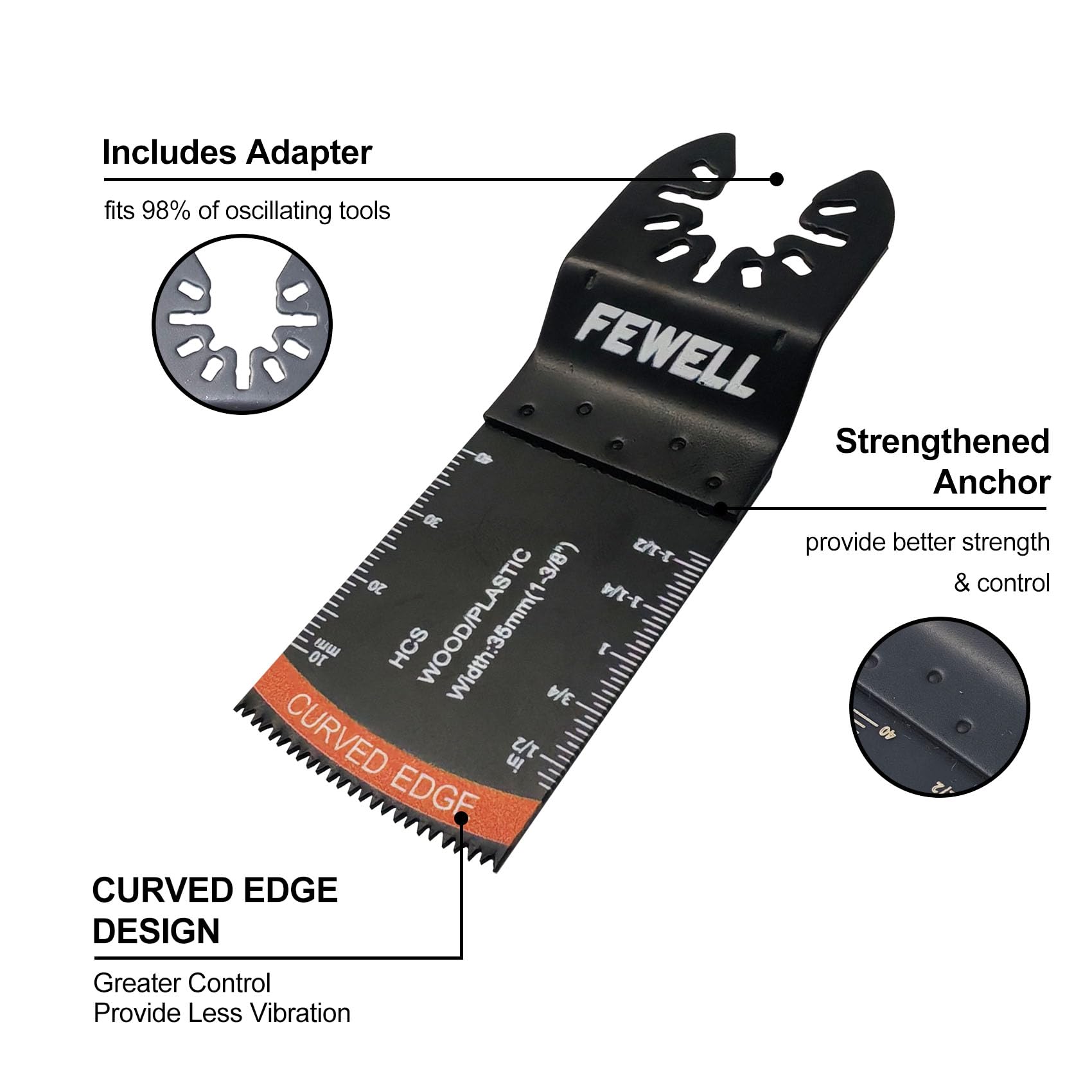 FEWELL 55 hojas de sierra oscilantes, cuchillas multiherramienta universales de titanio para materiales duros, metal, madera, plástico, clavos, hojas de sierra oscilantes de borde curvado, se adapta a