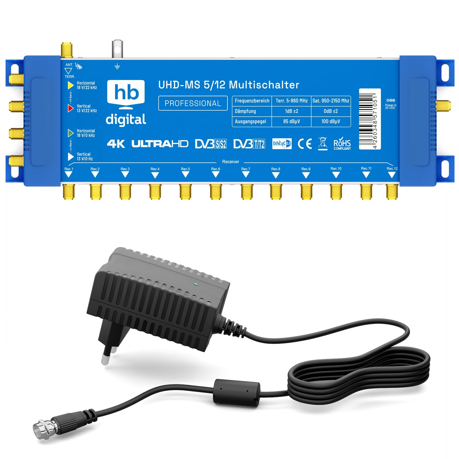 hb-digital Commutatore 5/12 con alimentatore esterno per 12 partecipanti e 1 satellite – adatto solo per Quattro LNB UHD 4K Full HD DVB-S/S2 – ingresso terrestre – connettori F dorati
