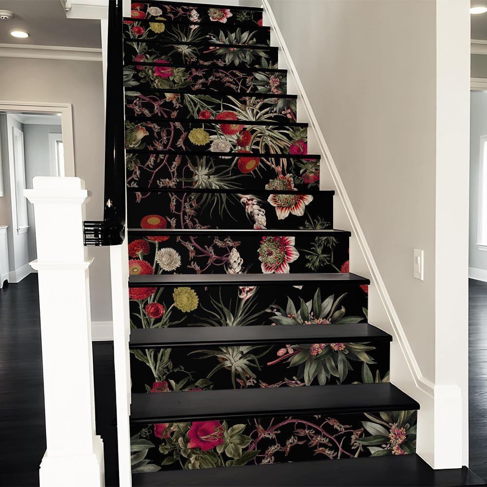 REDAMANCY Black red Flower Vintage Plants Peel and Stick Vinyl Stair Riser Decals Staircase Tile Stair Stickers Abstract Art Decor Modern Marble Decoration Mural Self-Adhesive Wallpaper (14 Pcs)