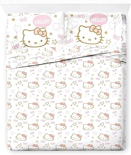 Jay Franco Hello Kitty - Juego de sábanas tamaño Queen, juego de ropa de cama súper suave de 4 piezas con estrellas y corazones, sábanas de