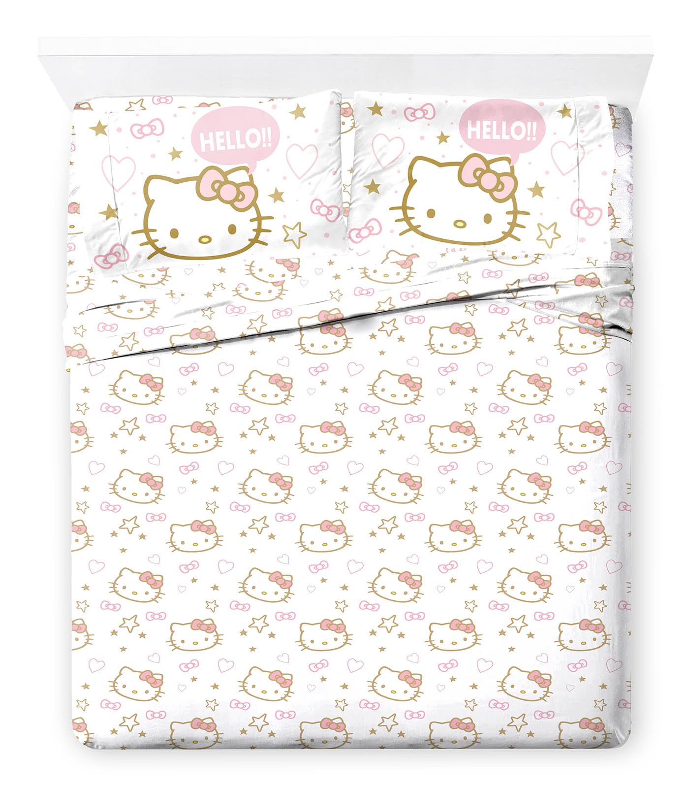 Jay Franco Hello Kitty Queen Size Sheet Set - Super Soft 4 Piece Stars & Hearts Bedding Set - Microfiber Sheets Includes Reversible Pillow Covers