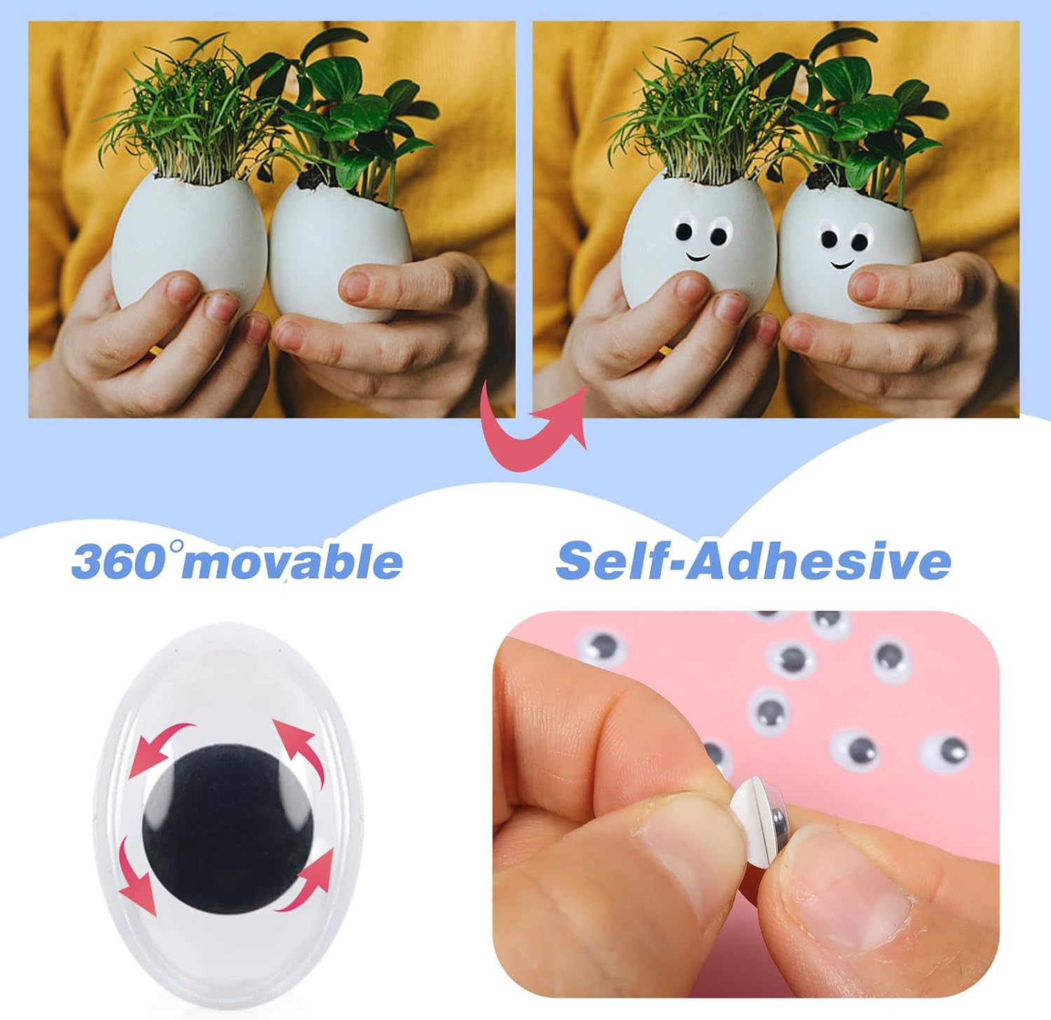 TOAOB 30pcs Googly Wiggle Eyes Self Adhesive Oval 8x11mm Small Wiggle Eyes Plastic Craft Sticker Eyes for DIY Crafts Scrapbooking Decoration