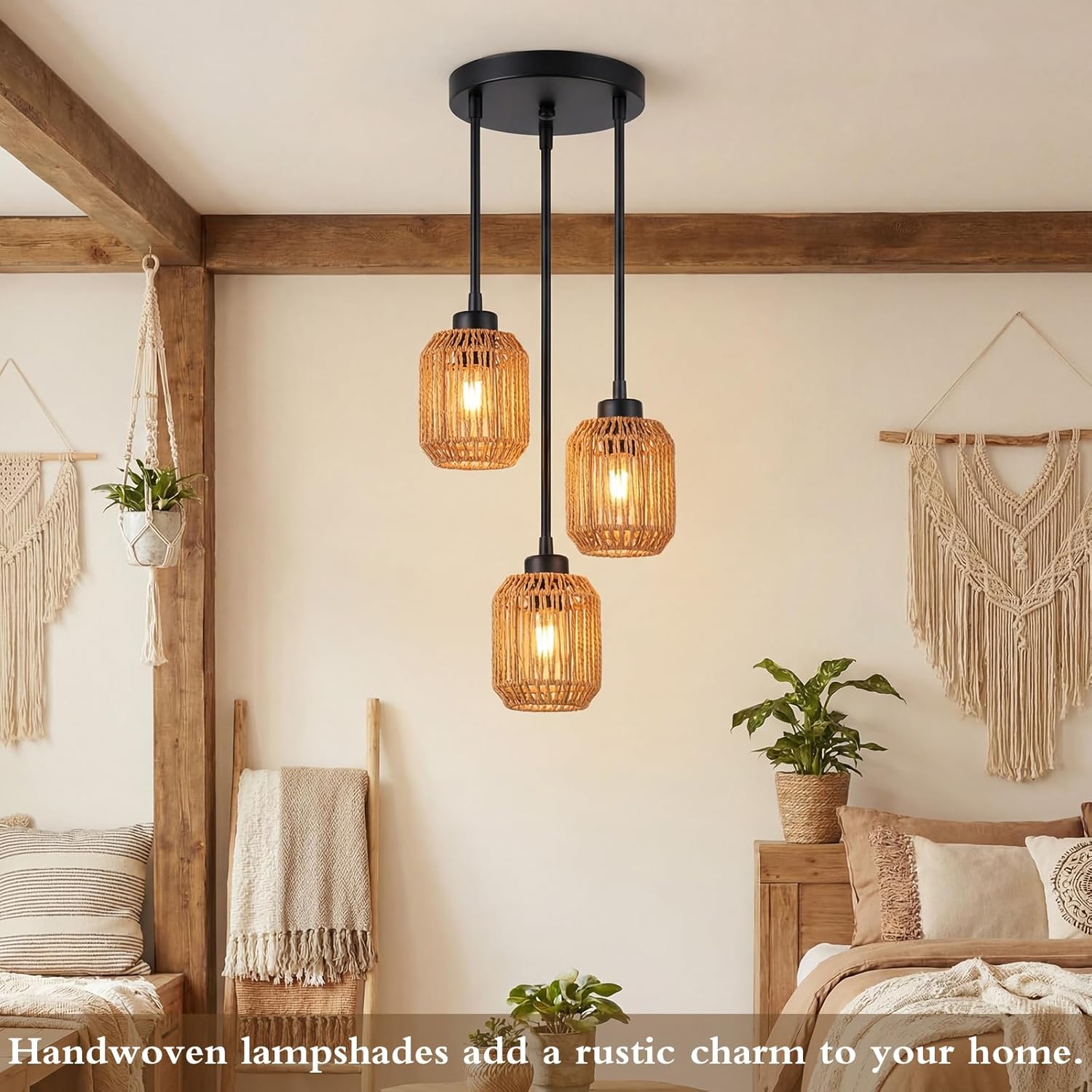 Glooglitter 3 Pack Rattan Lamp Shades, Boho Macrame Handwoven Rope Covers for Pendant Lights Floor Table Lamp Small Cylinder Woven Lampshade Set 4.92"×5.91"for Living Room Bedroom Decor