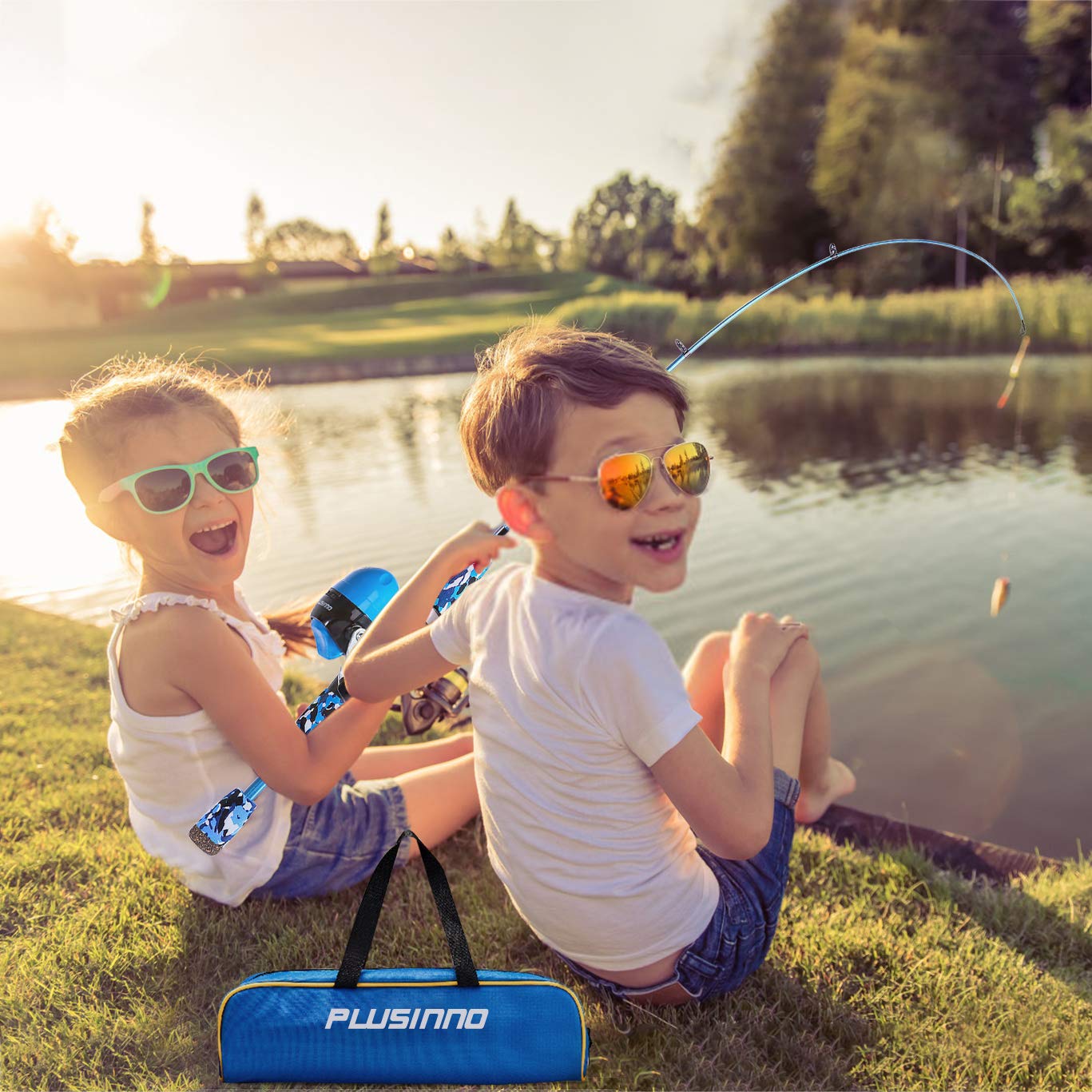 PLUSINNO - Set da pesca per bambini, con mulinello e esca, Blu, 1,5 m