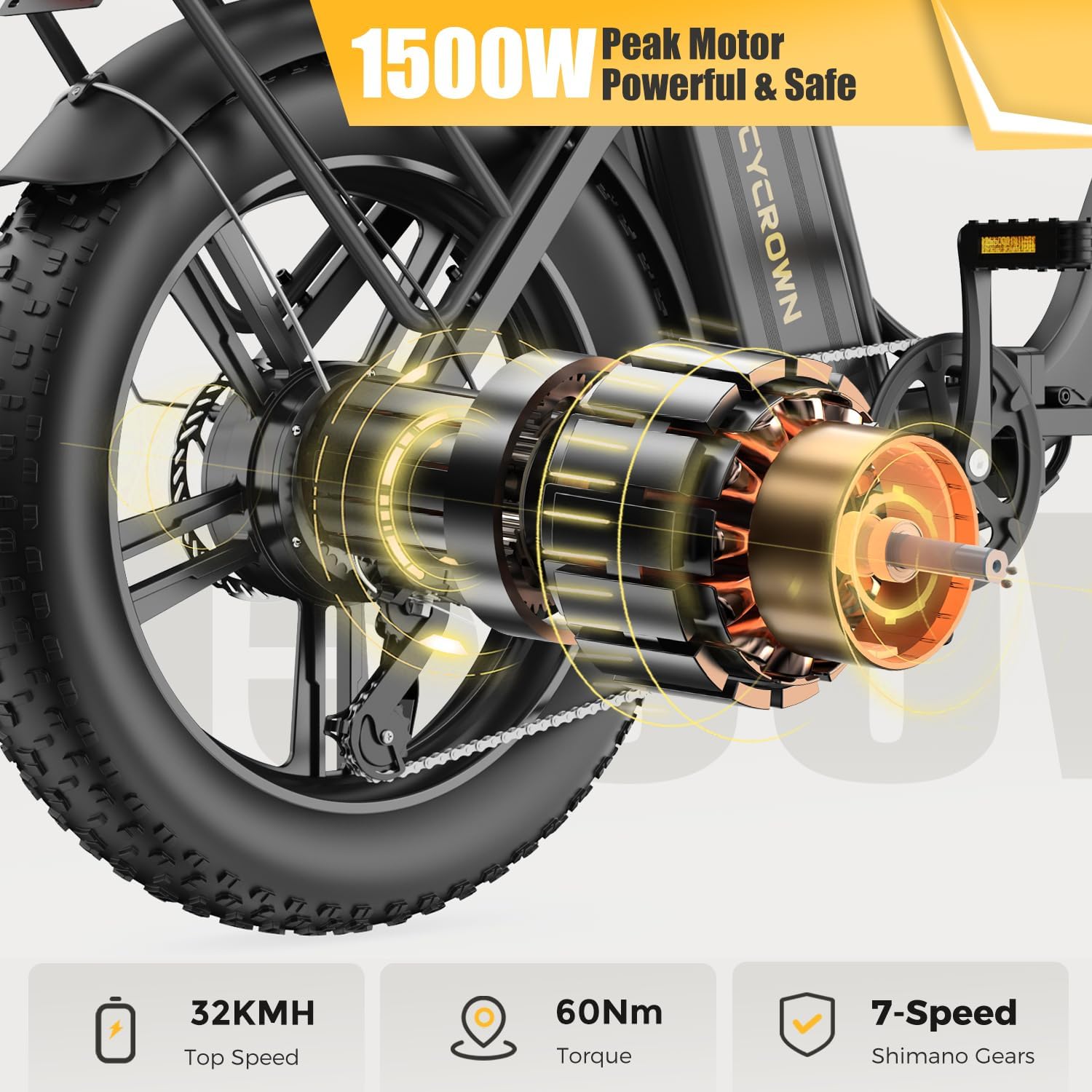 Diagram illustrating the electric bike's motor, top speed, torque, and gear system