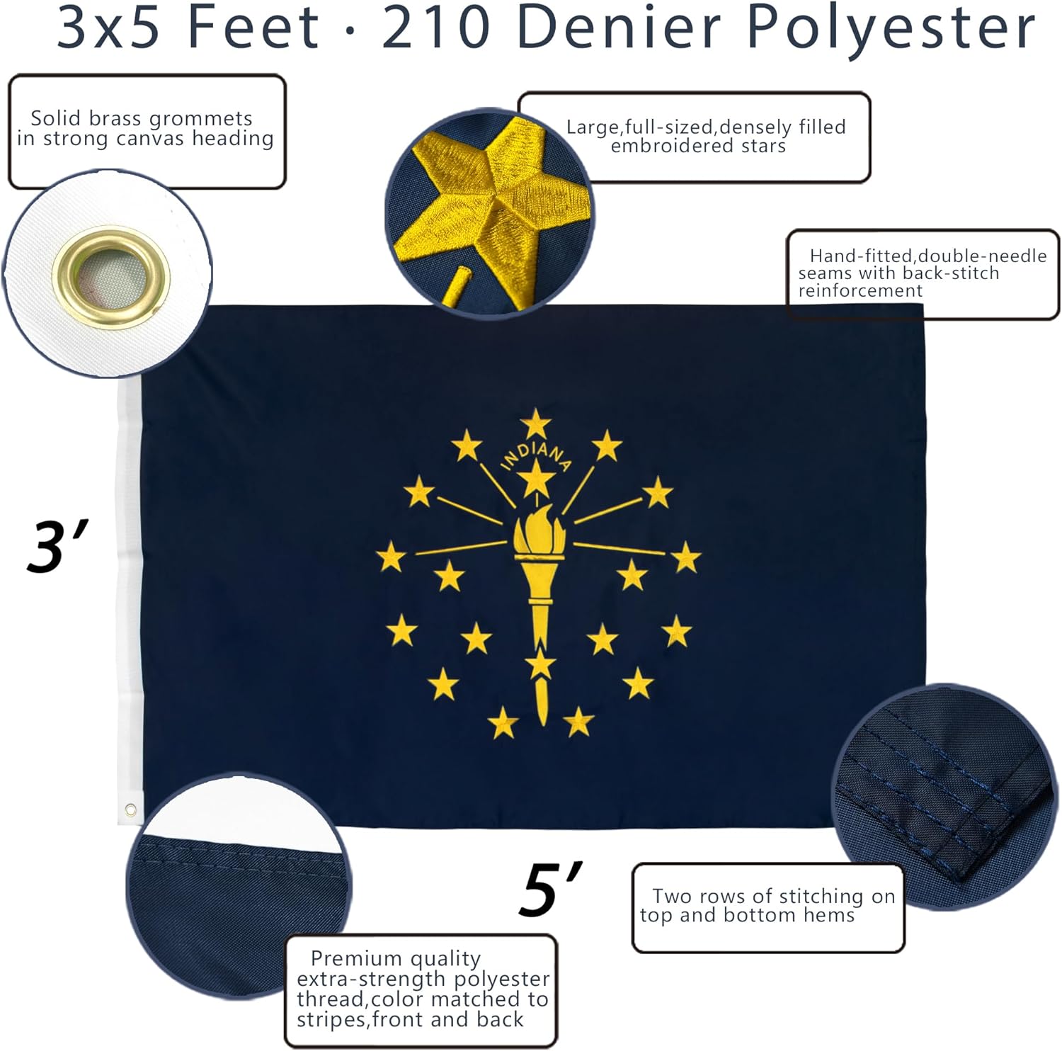 Anley EverStrong Series Embroidered Indiana State Flag 3x5 Feet - Embroidery & Heavy Duty Canvas Header - 4 Rows of Lock Stitching - Indiana IN Flags with Brass Grommets 3 X 5 Ft - Image 2