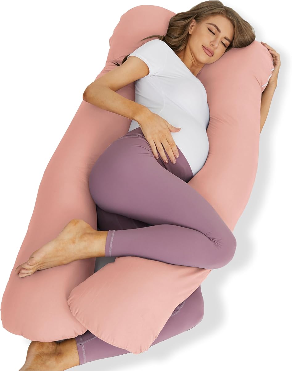 Pregnancy Pillow for Sleeping, U Shaped Maternity Pillow - 56 Inch with Grey Microfiber Removable Cover, Multi- Use and Support Back, Hips, Legs, Belly for Pregnant Pink Women Sleeping