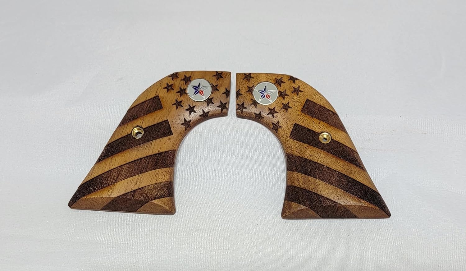 Ruger Wrangler Walnut Grips with Carved American Flag and Texas Flag Medallion
