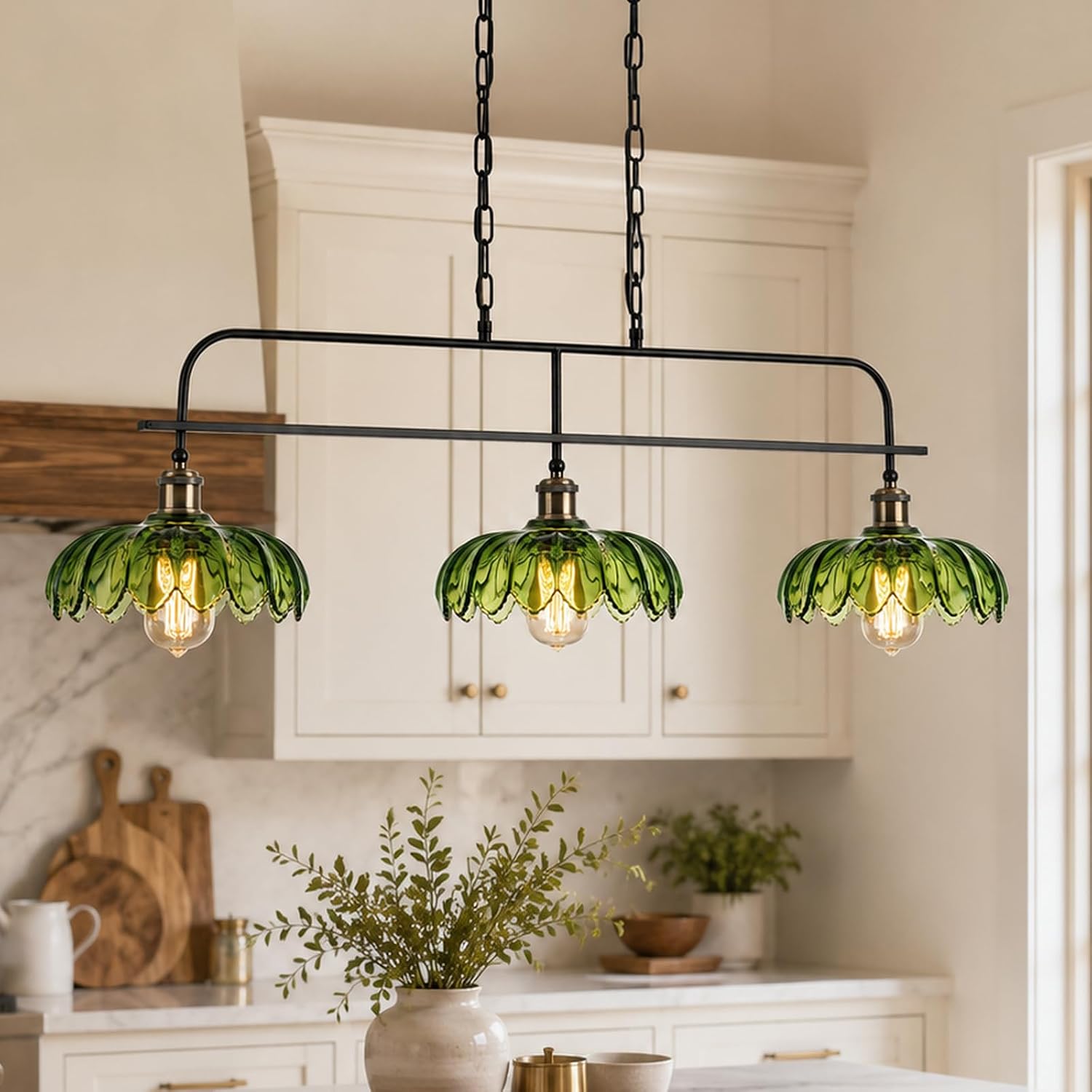 3-Light Kitchen Island Lighting, Green Glass Linear Chandelier with Black Metal Frame, Vintage Modern Glass Pendant Light Fixture for Dining Room, Kitchen Island, Bar, Living Room
