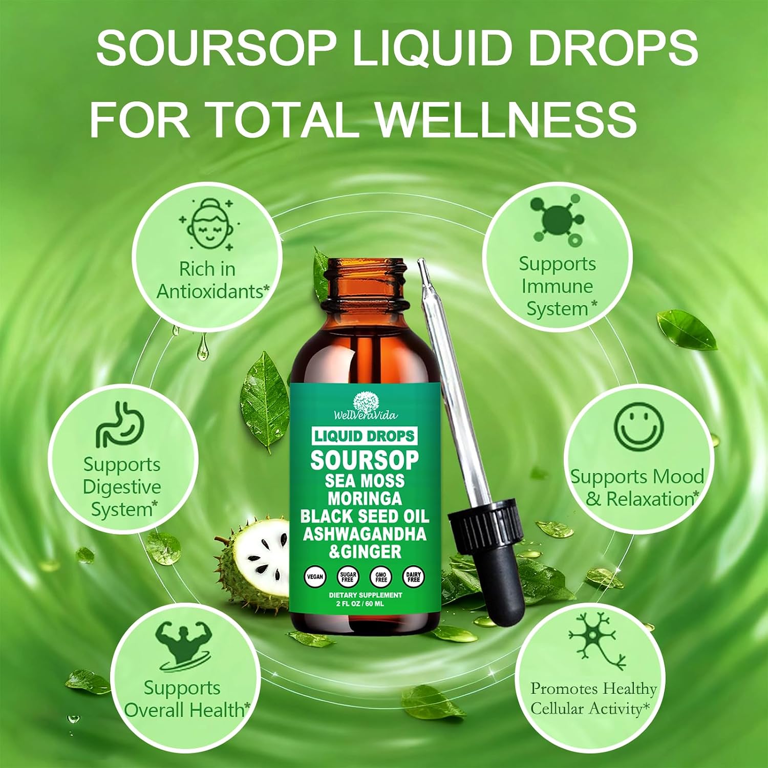 Soursop Bitters Liquid Drops- Organic Soursop Leaves Extract for Energy, Skin, Immune & Gut Health丨Natural Superfood Antioxidants Supplement w/Sea Moss, Moringa, Black Seed Oil, Ashwagandha & Ginger - 3