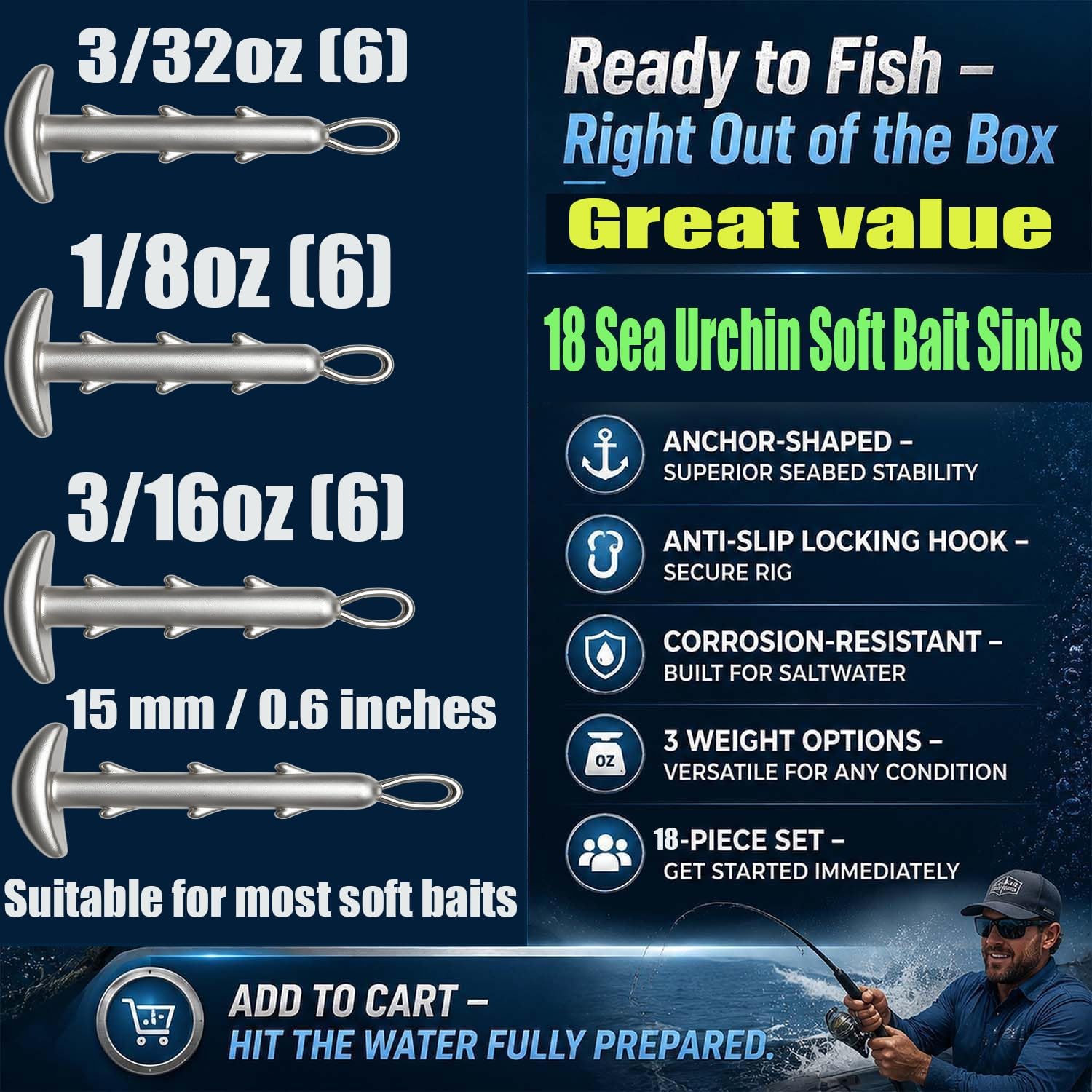 Urchin Bait Weights, Sea Urchin Sinker Set for Coike Soft Plastics,18 Pack | Lead anchor sinkers for sea urchin baits. Assorted 18pcs: 3/32oz (6), 1/8oz (6), 3/16oz (6) with non-slip keeper hook.