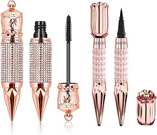 Joyeee 2 Pack Mascara Eyeliner Set, 4D Silk Fiber Eyelash Mascara and Liquid Eyeliner, Thicker Voluminous Eyelashes, Long-Lasting Waterproof Smudge-Proof Eyes Makeup Kit(02)