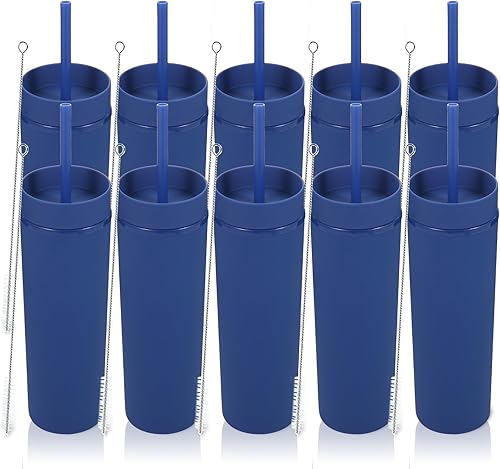 Volhoply Vaso delgado de plástico de 16 onzas con tapa y pajita, paquete de 10 unidades, vasos aislados de doble pared de acrílico mate, sin BPA,