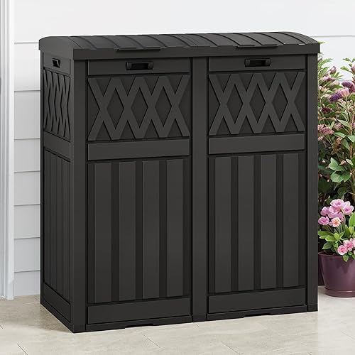 DWVO Cubo de basura para exteriores de doble contenedor de 66 galones, de resina impermeable, con tapa escalonada y bandeja de goteo para patio,