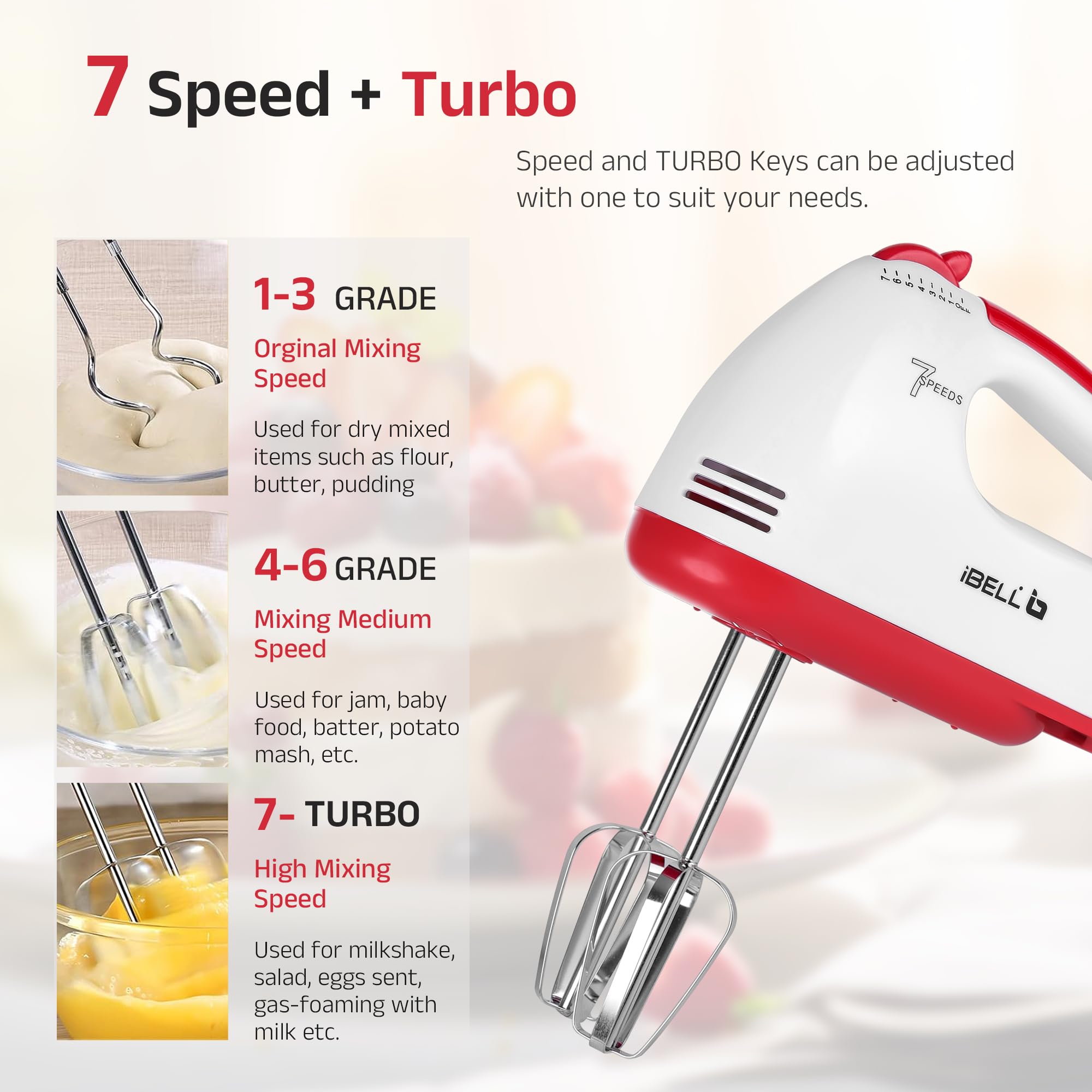 iBELL WHISK280 Hand Mixer, 280W, 7 Speed Control Plus Turbo, Beater/Blender/Electric Cream Maker for Cakes, stainless, Dough Hooks (White) 1