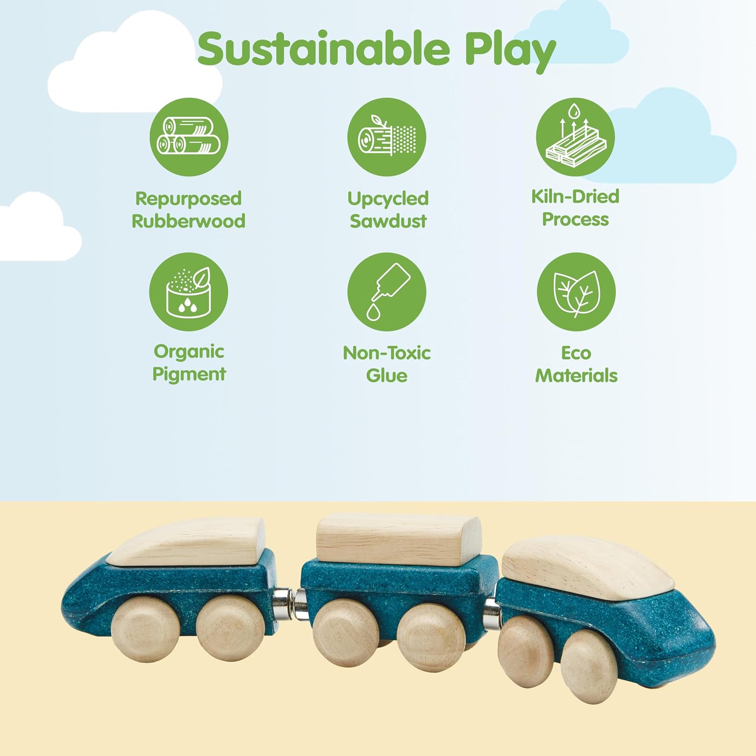 PlanToys® Hybrid Train Wooden Montessori Vehicle Toy | Early Movement, Imagination and Practical Life Exploration | Eco Friendly Train Set for Meaningful Play