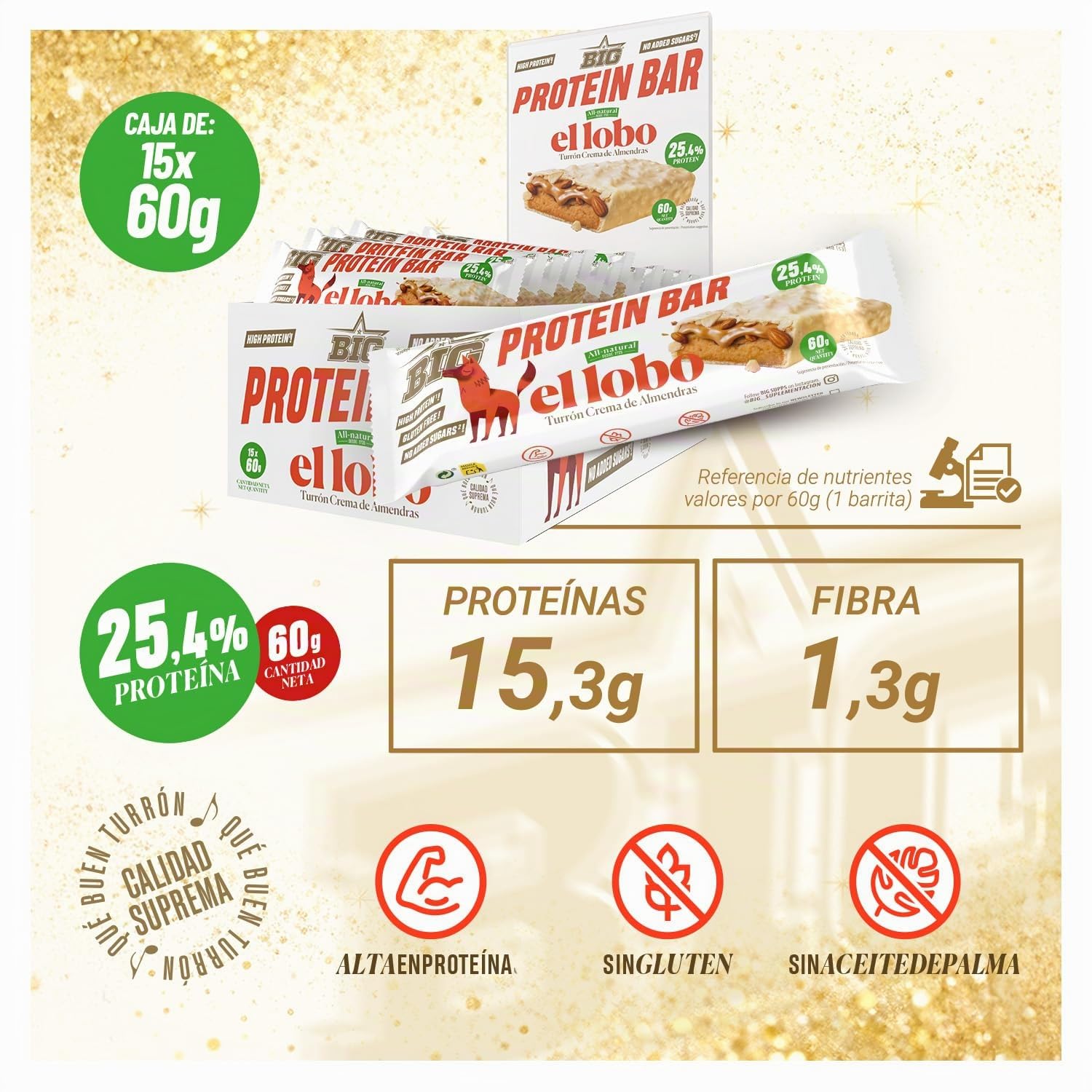 BIG - Barritas Proteina - Barritas Proteinas Turrón Almendras y Chocolate Blanco El Lobo - Snack Saludable Alto en Proteínas - +25gr por Barrita - Protein Bar Sabor Turrón - Sin Gluten - Caja (15 uds)