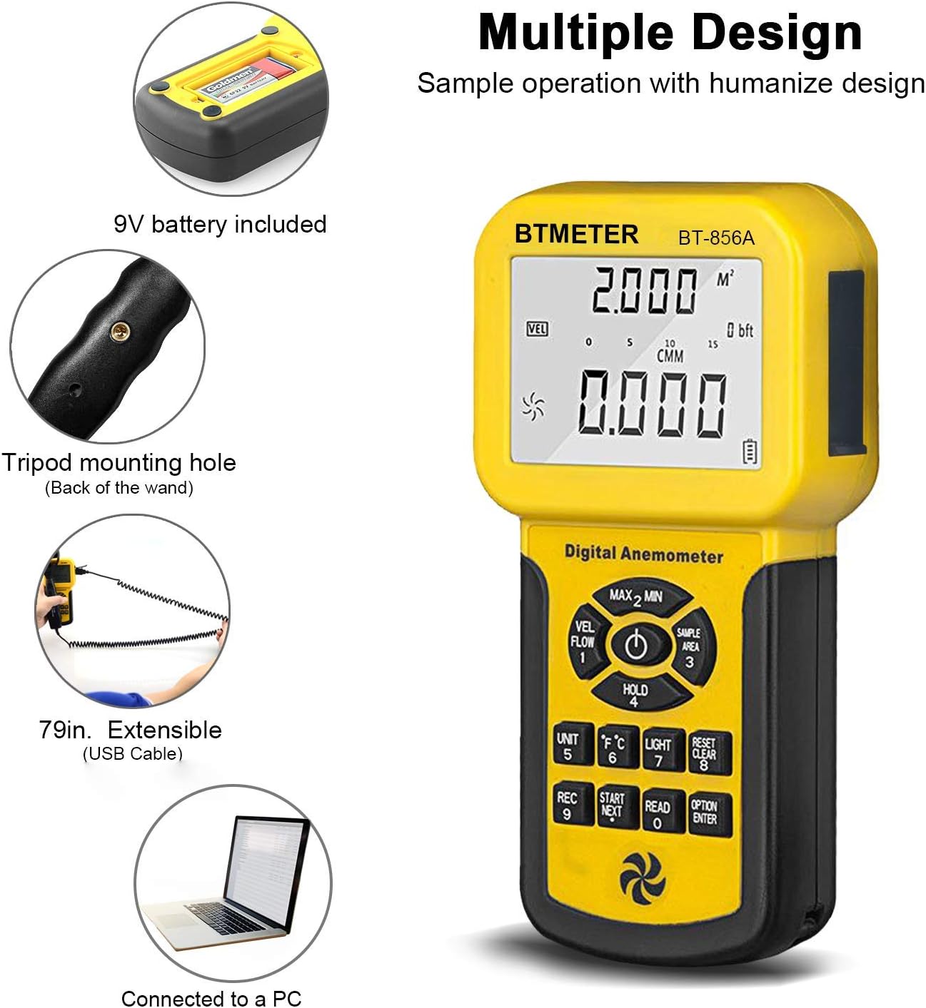 BTMETER BT-856A Pro CFM Anemometer Measures Wind Speed, Wind Flow, Wind Temp for HVAC Air Flow Velocity Meter with USB : Patio, Lawn & Garden
