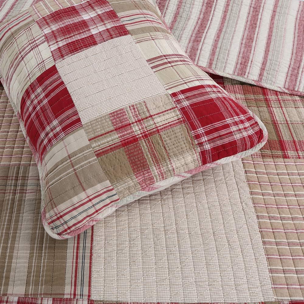 Exclusive Discount 50% Price Cozy Line Home Fashions Alivia Red Brown Patchwork 100% Cotton Reversible Bedding Quilt Set (Alivia Patchwork, King - 3 Piece)