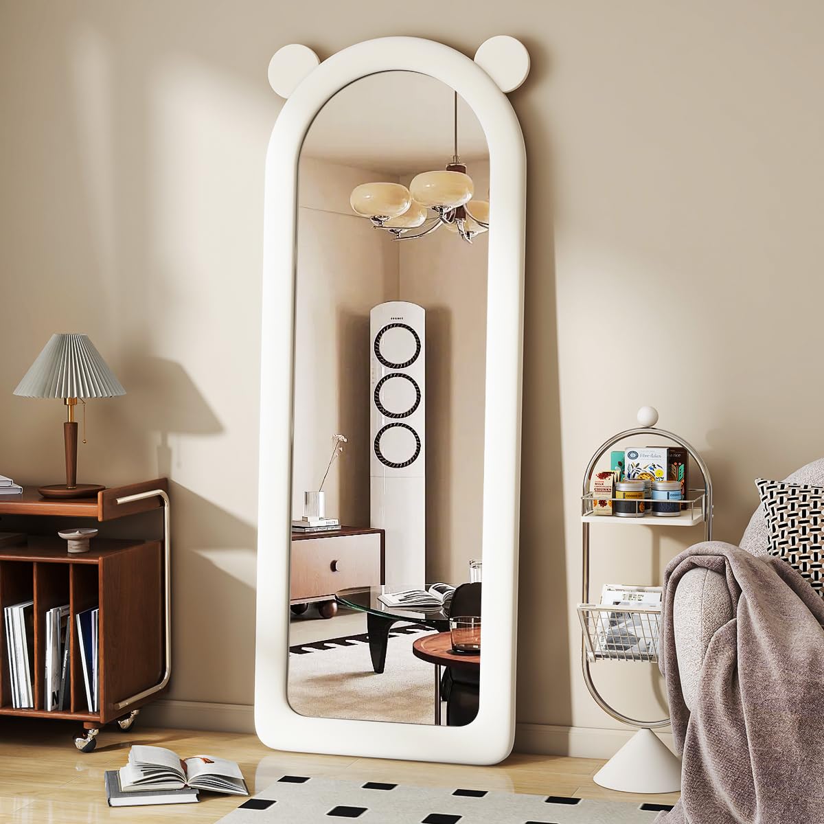 BEAUTYPEAK 63"x24" Full Body Mirror, Irregular Full Length Mirror Freely Standing Mirror, Flannel Floor Mirror with Stand for Bedroom, Living Room, Hanging or Against The Wall,Bear(White)