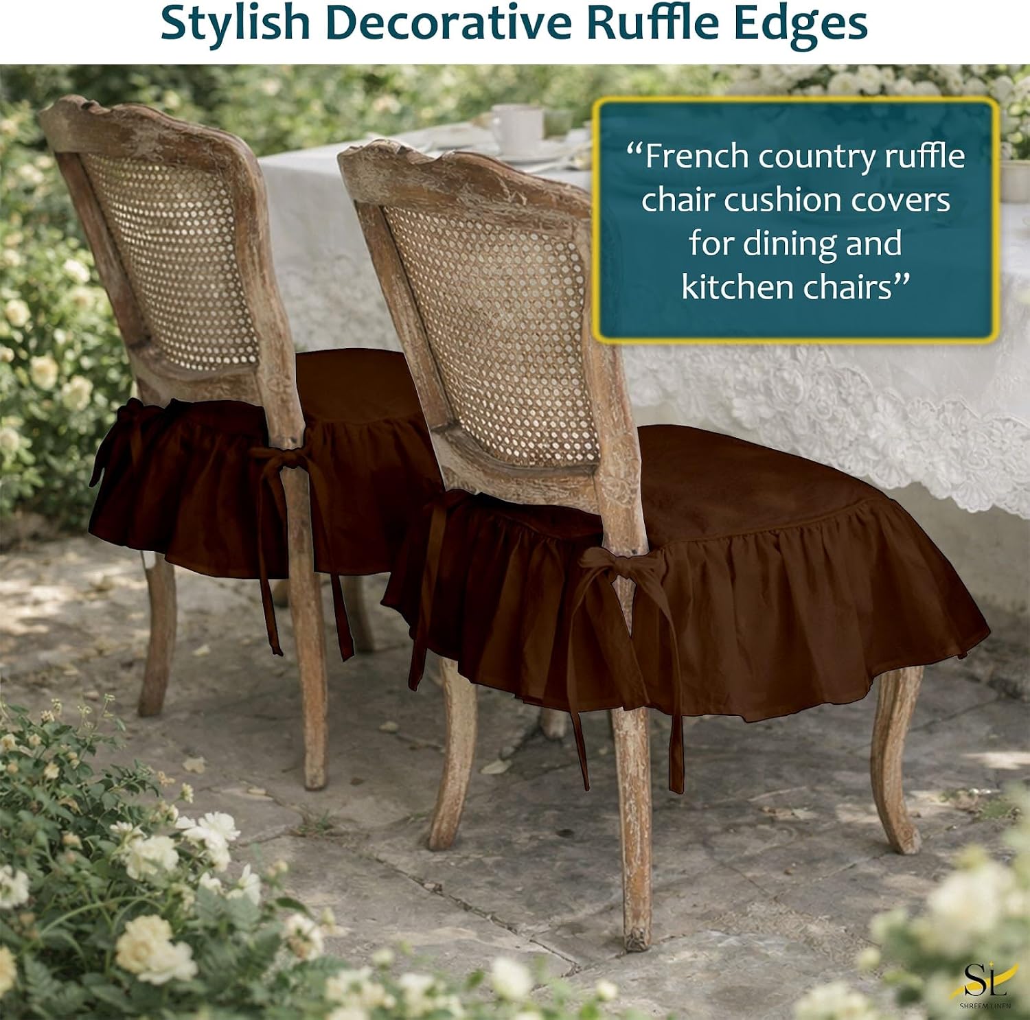 6 Pack Ruffle Chair Cushion Covers 17.5 x 17.5 Inch, Square Chair Pad Slipcovers with Ties, Decorative Ruffled Skirt Seat Covers for Dining Kitchen Chairs, Farmhouse Style, Covers Only, Chocolate