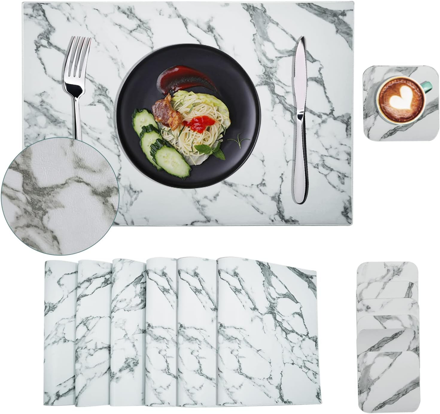 White Marble Faux Leather Table Mats, Placemats Set of 6 for Dining
