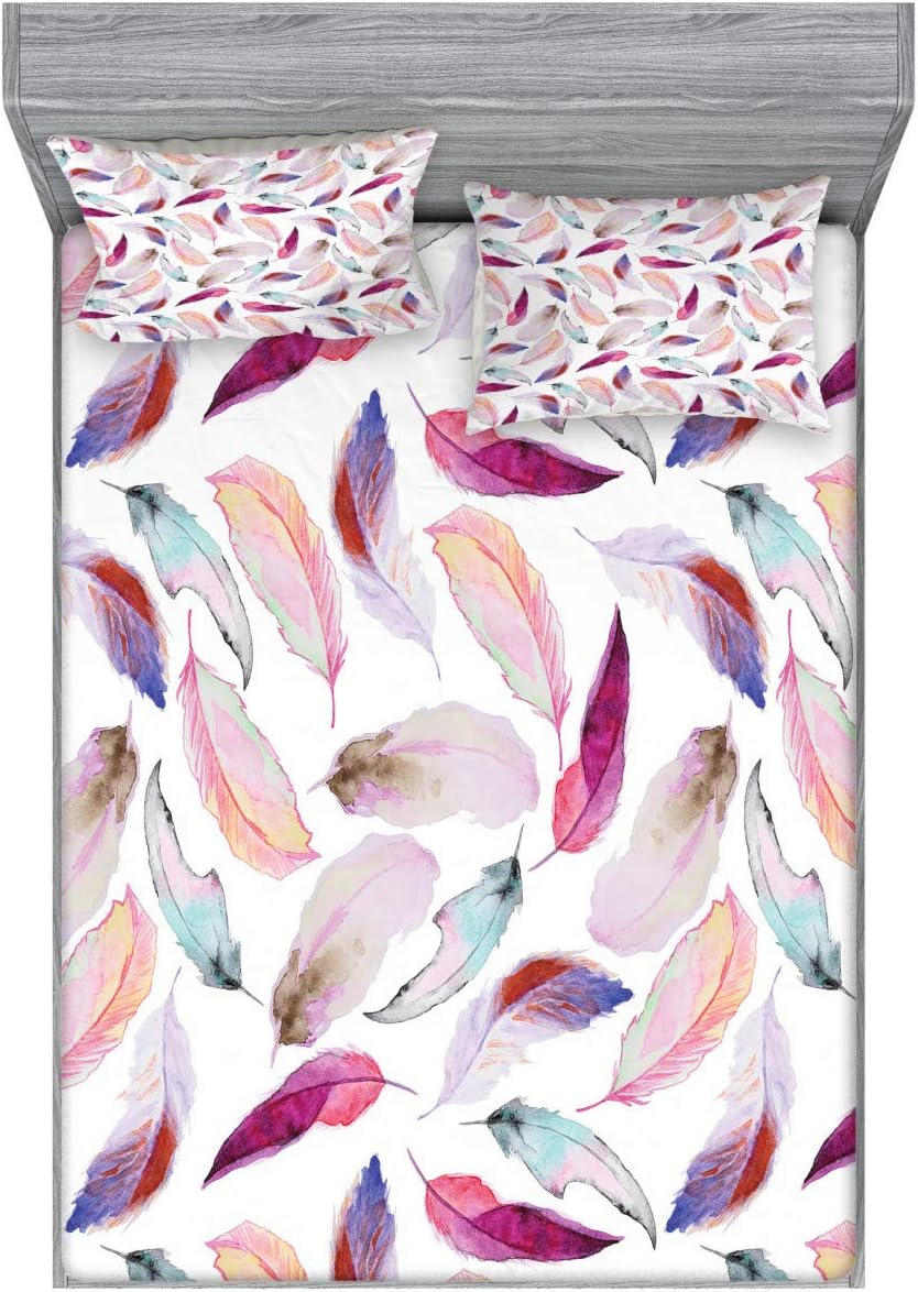 Ambesonne Feathers Fitted Sheet & Pillow Sham Set, Mix Feather Motifs in Romantic Feminine Inspired Colors Outer Wing Covert Theme, Decorative Printed 3 Piece Bedding Decor Set, Queen, Purple Pink
