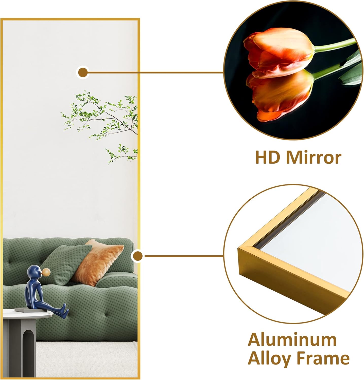 PexFix Full Body Mirror with Gold Aluminum Alloy Frame - Full Length Wall Mounted Mirror for Bedroom, Bathroom, Living Room Decor, 47''16'' (1014)