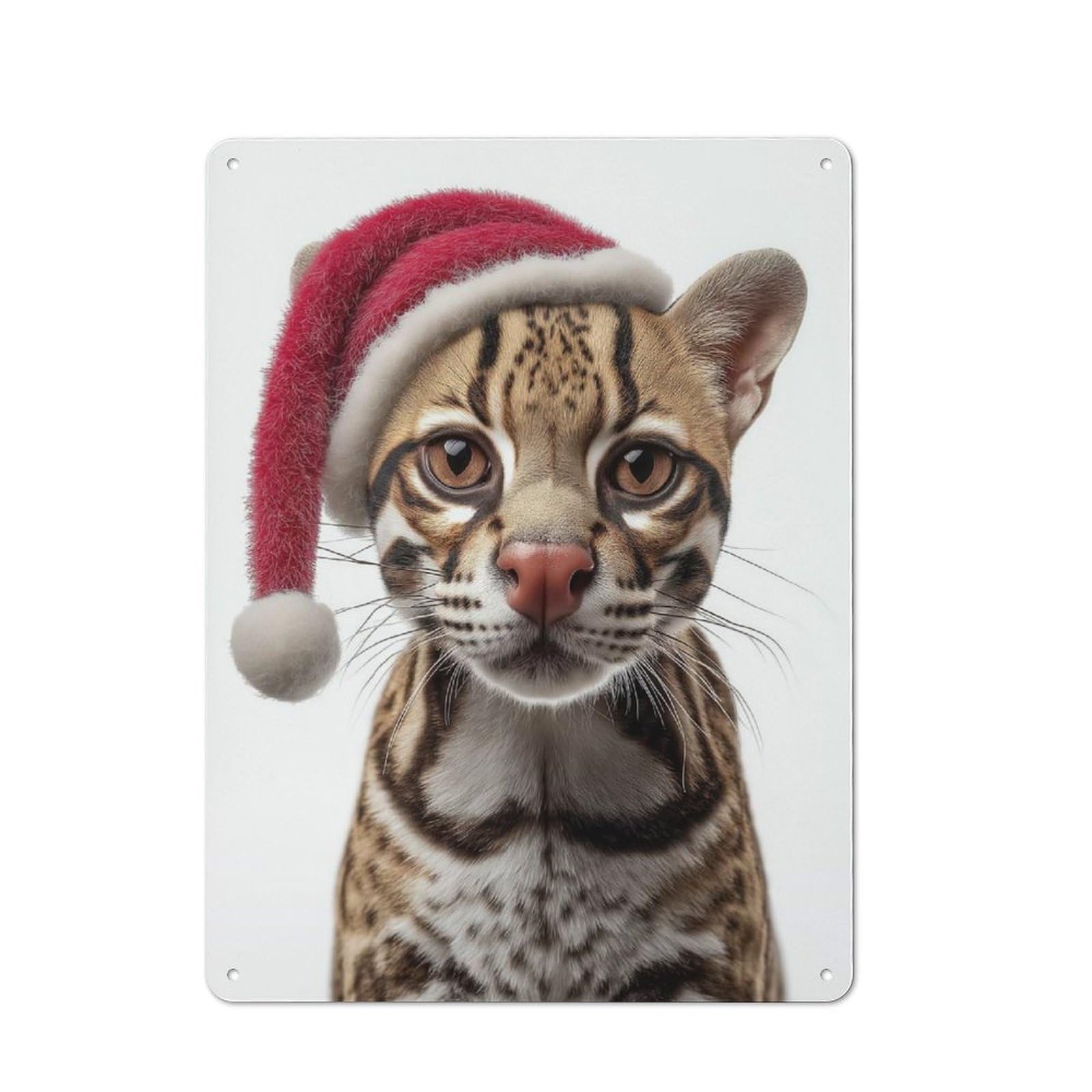 Junmoney Ocelot Wearing A Christmas Hat Vintage Printed Metal Sign 40X30cm For Bar Or Restaurant, For Restaurant Interior Fans