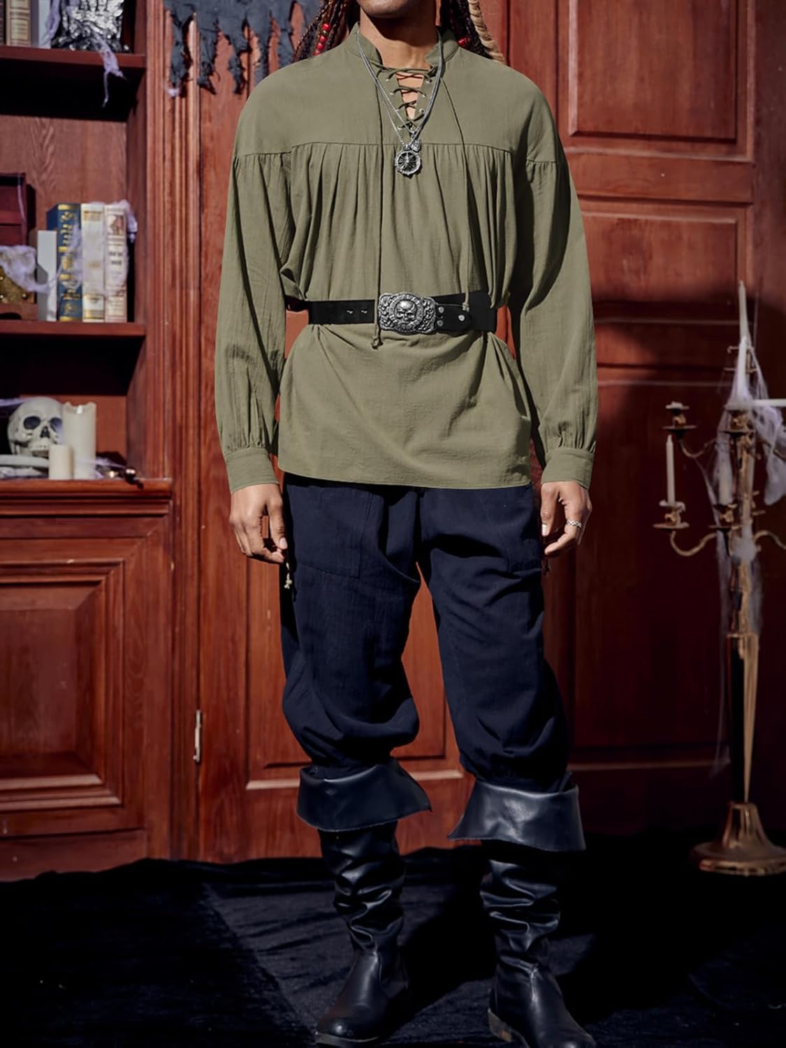 Runcati Mens Medieval Pirate Shirt Steampunk Viking Renaissance Long Sleeve Lace Up Scottish Halloween Costume Tops - Image 4