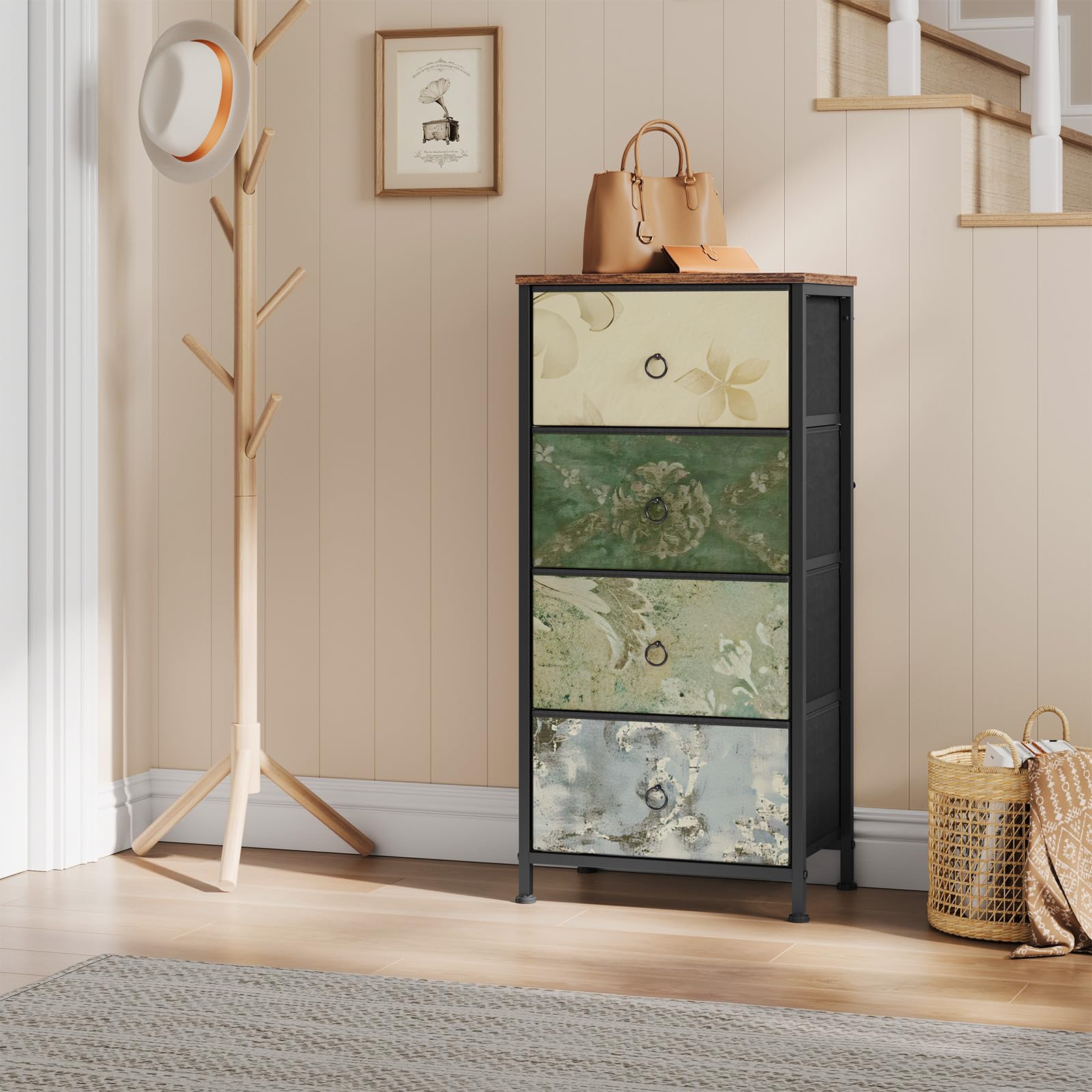 WOLTU Commode à 4 Tiroirs en Tissu, Chiffonnier, Meuble Rangement, pour Chambre/Entrée/Salon, Marron Rustique+Noir+Motif de Fleur Vintage, Cadre en Métal, 45x30x95cm, SSK011pw