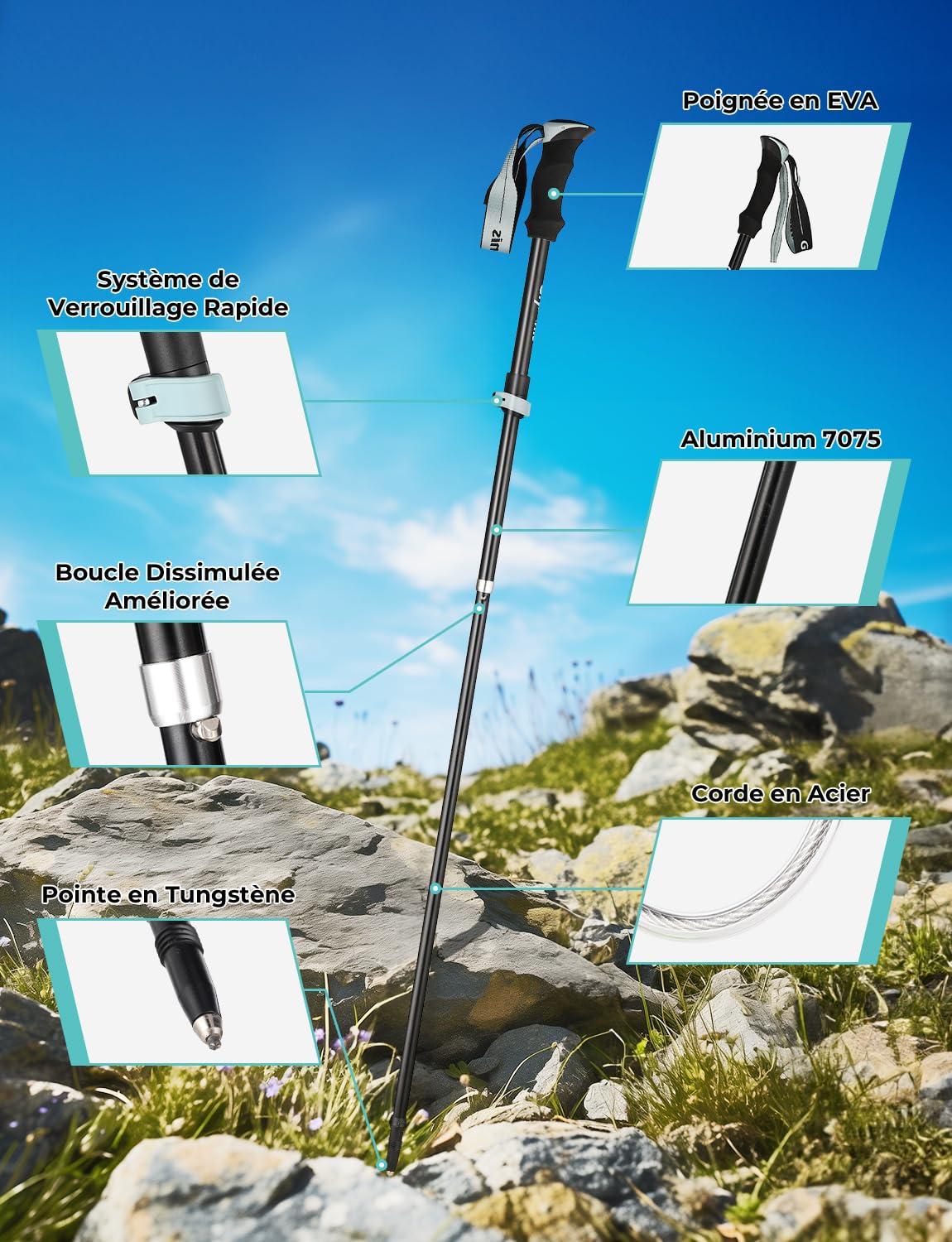 Glymnis Bâtons de Marche Bâtons de Randonnée en Aluminium 7075 Réglable de 36 à 130 cm et Fermeture par 4 Paires de Tampons en Caoutchouc pour Le Conditionnement du Trekking