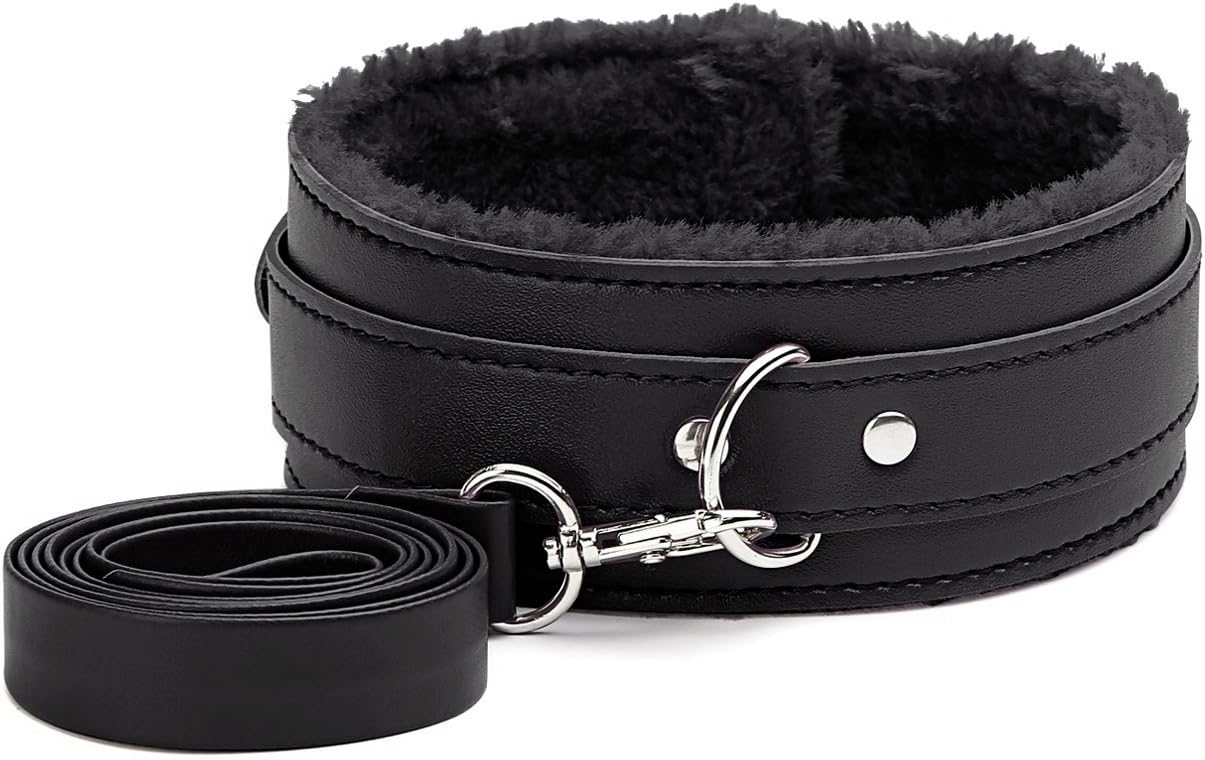 ALERDON Leather Fur Lined Cosplay Choker Neck Collar with Leash