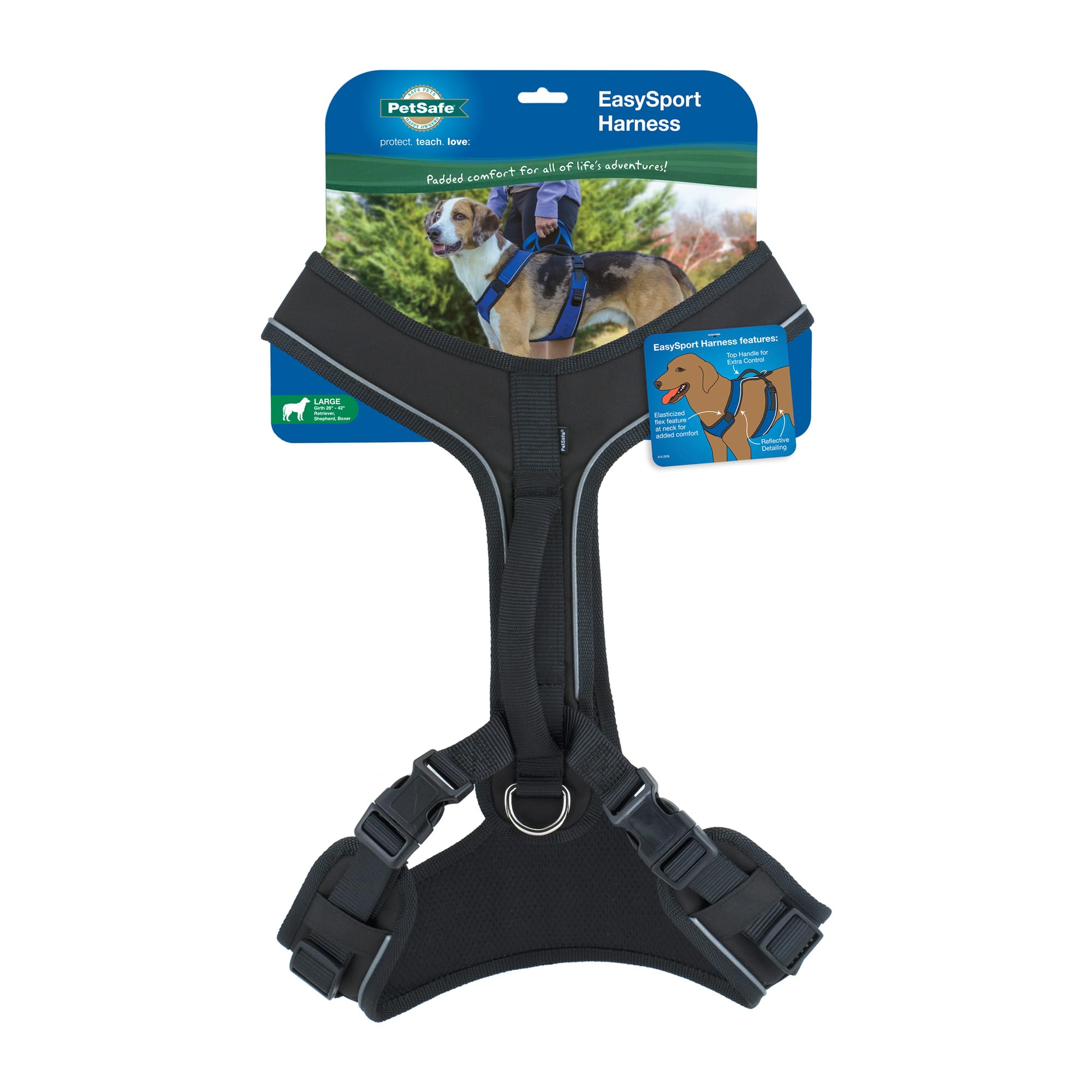 PetSafe EasySport, Pettorina per cani, pettorina regolabile imbottita con maniglia di controllo e bordino riflettente, L, nero
