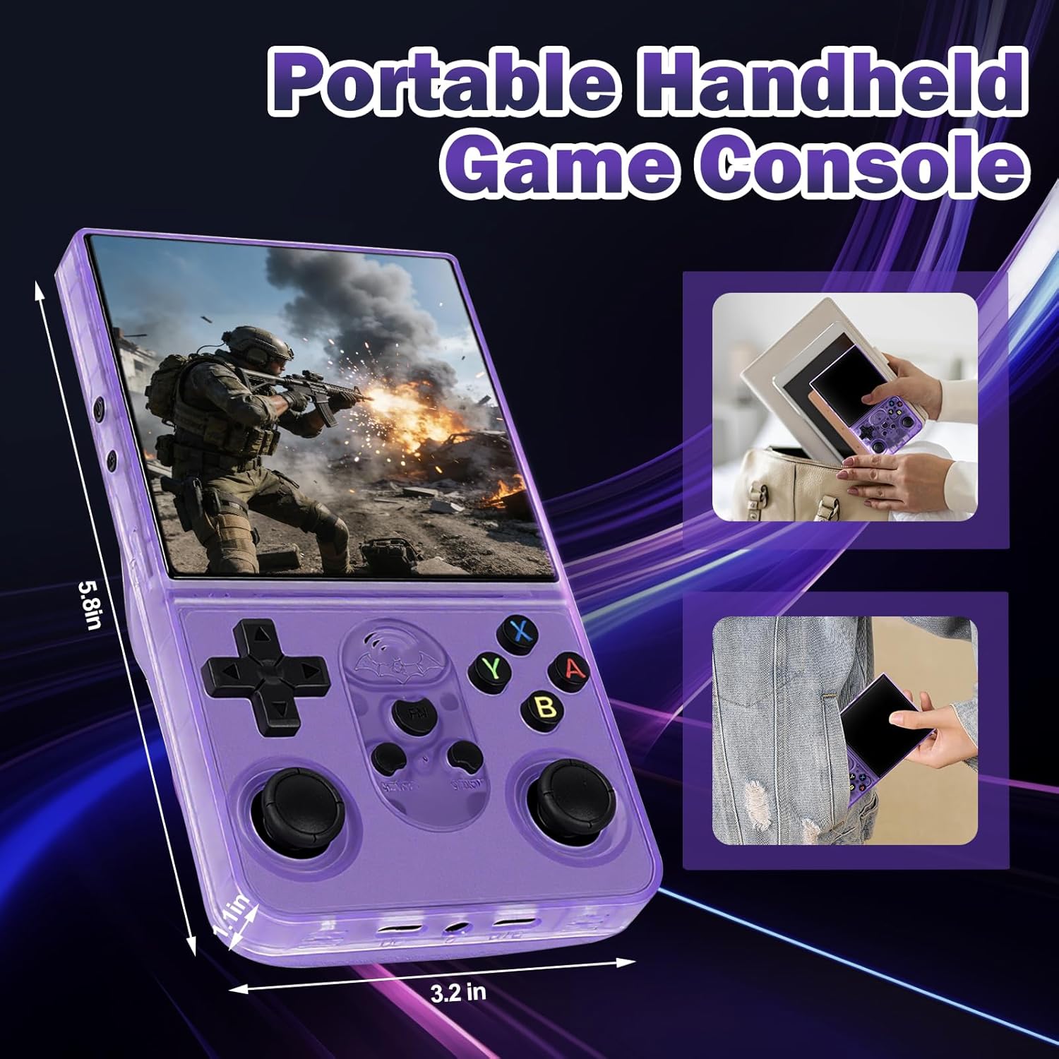 Retro Handheld Game Console, 4.0 Inch IPS HD Screen Portable Retro Gaming Console, 128GB Built-in 18000+ Classic Games, Open Source Linux System, 3500mAh Rechargeable Battery (Purple)