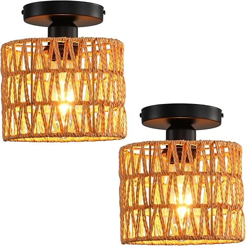 Miniatura 15 de Lámpara de Techo, Lámpara de Techo Empotrada de Ratán Tejida a Mano, Lámparas de Techo Estilo Granja con Montaje en Techo Boho para Pasillo, Lámpara