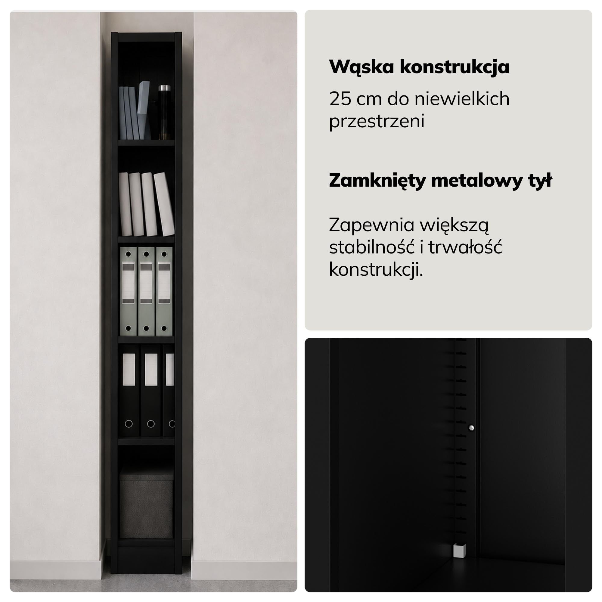 Jan Nowak Metalowy Regał Archiwizacyjny na Dokumenty TIM, 25 x 195 x 45 cm, Czarny, 4 Regulowane Półki, Wąski, do Biura i Domu