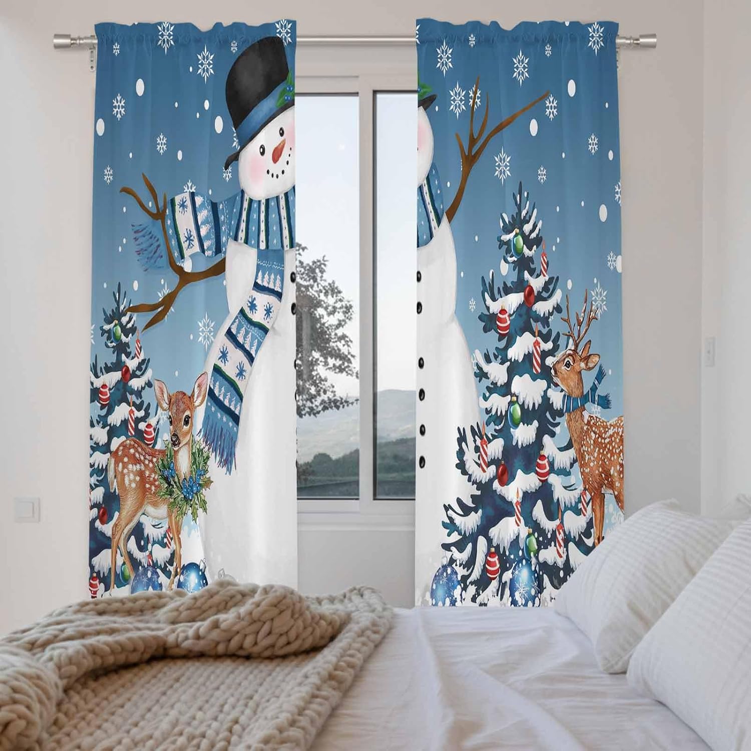 Blue Snowman Christmas Window Curtains 72 Inch Long 2 Panel Set,Rod Pocket Long Curtains & Drapes,Xmas Tree Ball Snowflake Winter Elk Window Treatment for Bedroom Living Room 52"W x 72"L