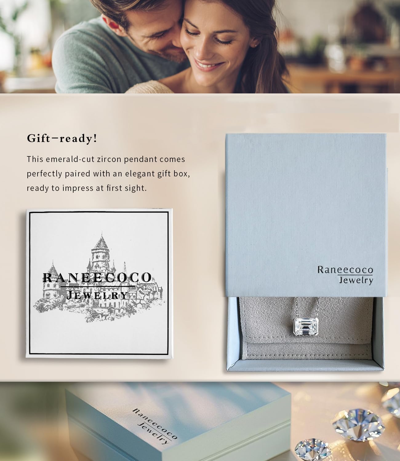 Raneecoco Emerald Cut Solitaire Simulated Diamond CZ Pendant Necklace / 18K Gold Plated Sterling Silver Dainty Necklace for Women - Image 6