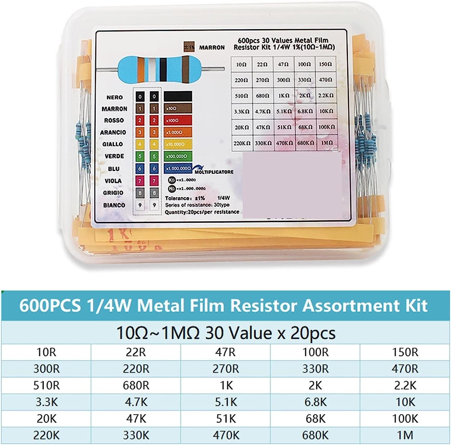 600 pz/Lotto 1/4 W 0.25 W Resistore Pacchetto Assortiti Scatola Fai da Te Resistori A Film Metallico Kit 30 Valori X20pcs Resistenza Resistenza Resistenza di Ricambio
