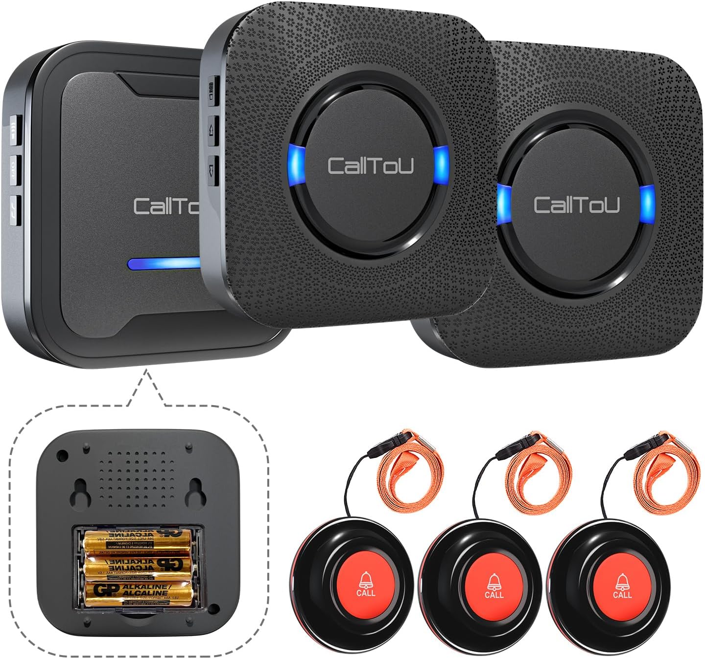 CallToU Wireless Caregiver Pager for Elderly Call Button Nurse Calling Alert System Call Bell Elderly Patient Disabled with 3 Transmitters 2 Plug-in Receiver 1 Battery Portable Receiver