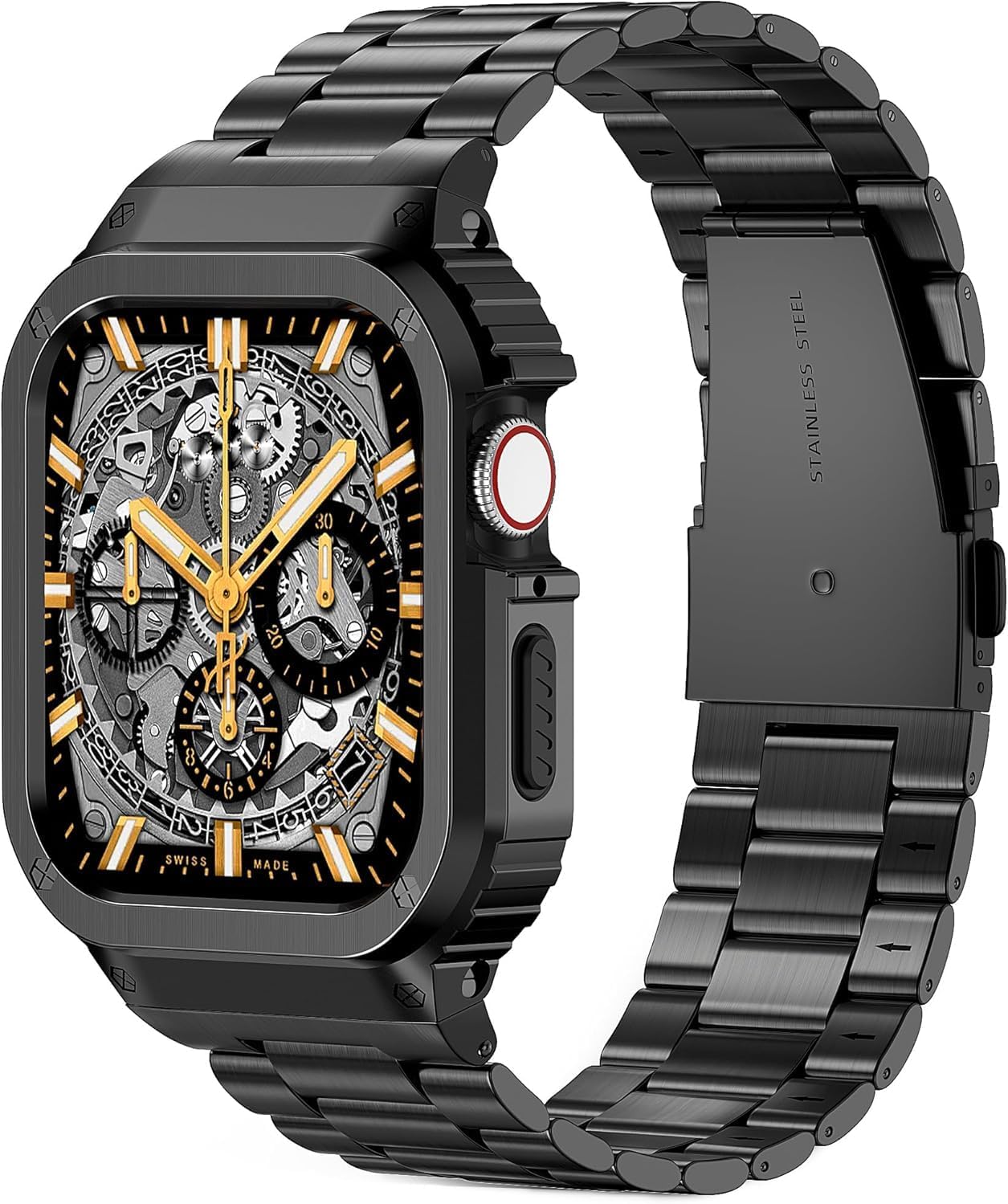 Metal Band Compatible with Apple Watch Band 44mm 45mm for Series SE/SE2 9 8 7 6 5 4,Stainless Steel iWatch Band with Bumper Case for Men,iWatch Strap with Metal Protective Cover