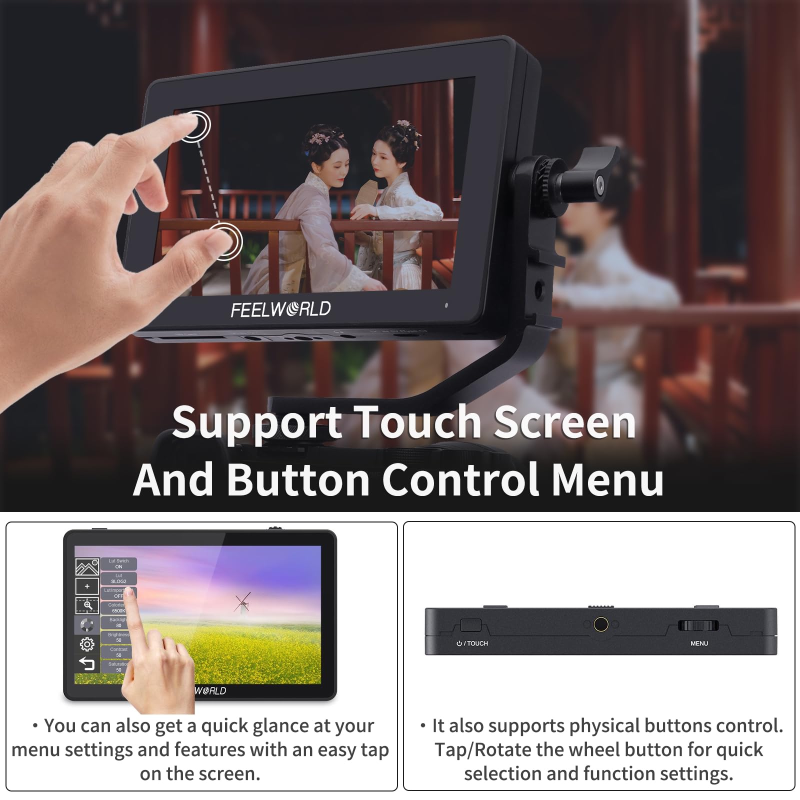 FEELWORLD F6 PLUS V2 6-calowy monitor polowy do aparatu, ekran dotykowy HDR z 3D LUT, ostry zrzut ekranu, Full HD 1920x1080 IPS 4K HDMI Loop in/Out DSLR Video Peaking Focus Assist, bateria 2800mAh