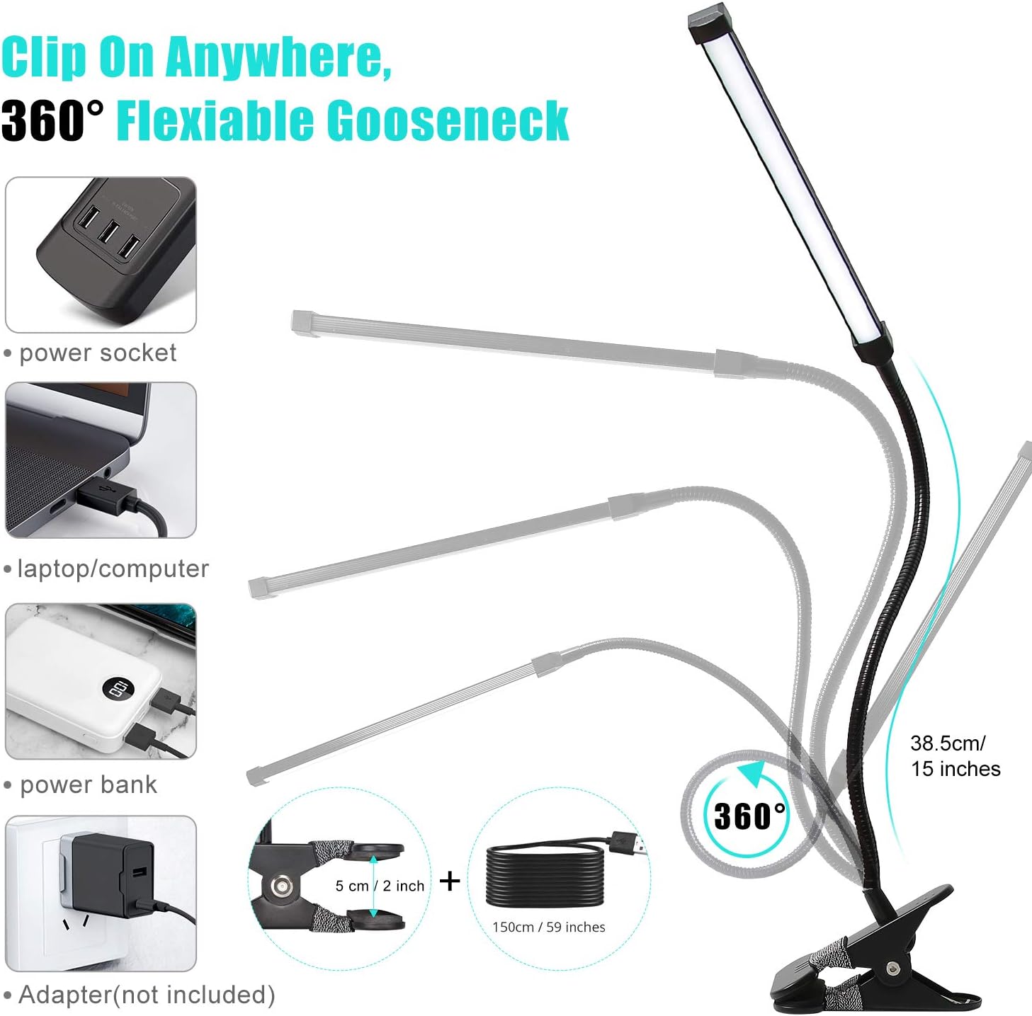 Winmor Led Clip On Desk Lamp,3 Color 11 Brightness,64 LED 10W Book Reading Light,USB Plug,Stepless Dimmer Auto Off,Clamp Desk Lights for Bedside Computer Home Office