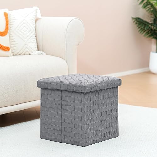 Miniatura 14 de B FSOBEIIALEO Otomana de almacenamiento, reposapiés de piel sintética, otomana con cubo de almacenamiento, caja de juguetes, 15 x 15 x 15 pulgadas